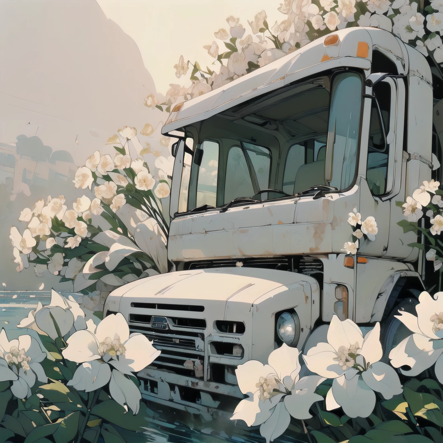 (((Masterpiece, top quality))), (((32K wallpaper))), ultra high resolution, (((close-up))), gorgeous light leak, (((backlit))), highly detailed background, top quality, (((no humans))), highly transparent river, (((extremely detailed rusty heavy truck with many white flowers)), (((( very dull color )))), (((( white flowers in the water))), (((White petals fly)))