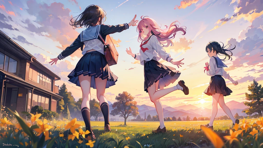 Create a scene of three girls playing joyfully on a country path after school. One girl is wearing over-ear headphones while all three girls chase each other happily. The background should depict a warm, post-school afternoon with a golden-orange sunset illuminating the fields. The sky is painted with soft pink and purple clouds. The three girls, wearing school uniforms, are running from the left side of the frame towards the right, appearing relatively small compared to the overall scene. The entire image should be infused with a sense of youthful energy and warm friendship, showcasing a beautiful, relaxing post-school time.