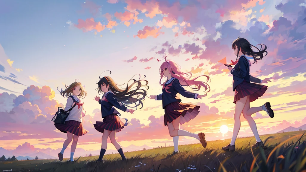Create a scene of three girls playing joyfully on a country path after school. One girl is wearing over-ear headphones while all three girls chase each other happily. The background should depict a warm, post-school afternoon with a golden-orange sunset illuminating the fields. The sky is painted with soft pink and purple clouds. The three girls, wearing school uniforms, are running from the left side of the frame towards the right, appearing relatively small compared to the overall scene. The entire image should be infused with a sense of youthful energy and warm friendship, showcasing a beautiful, relaxing post-school time.