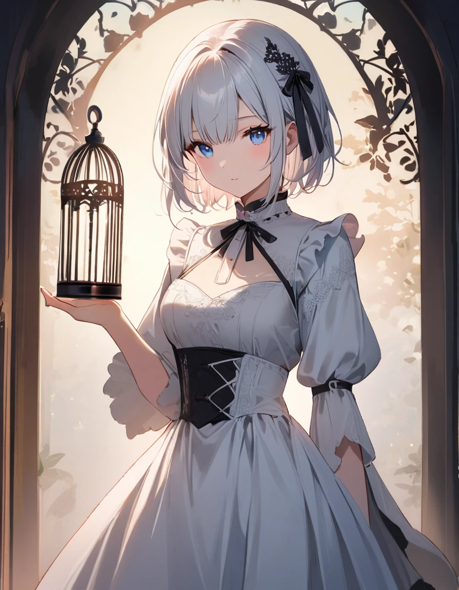 (silhouette art)),(top-quality),(masuter piece),Delicately drawn face,girl with a pretty face,beautiful detailed blue eyes,white ****ta fashion,((beautiful detailed white costume)),(Beautiful silky white hair:1.2),black ribbon hair ornament,pale skin,spot lighting,(background is silhouette of birdcage),cowboy shot