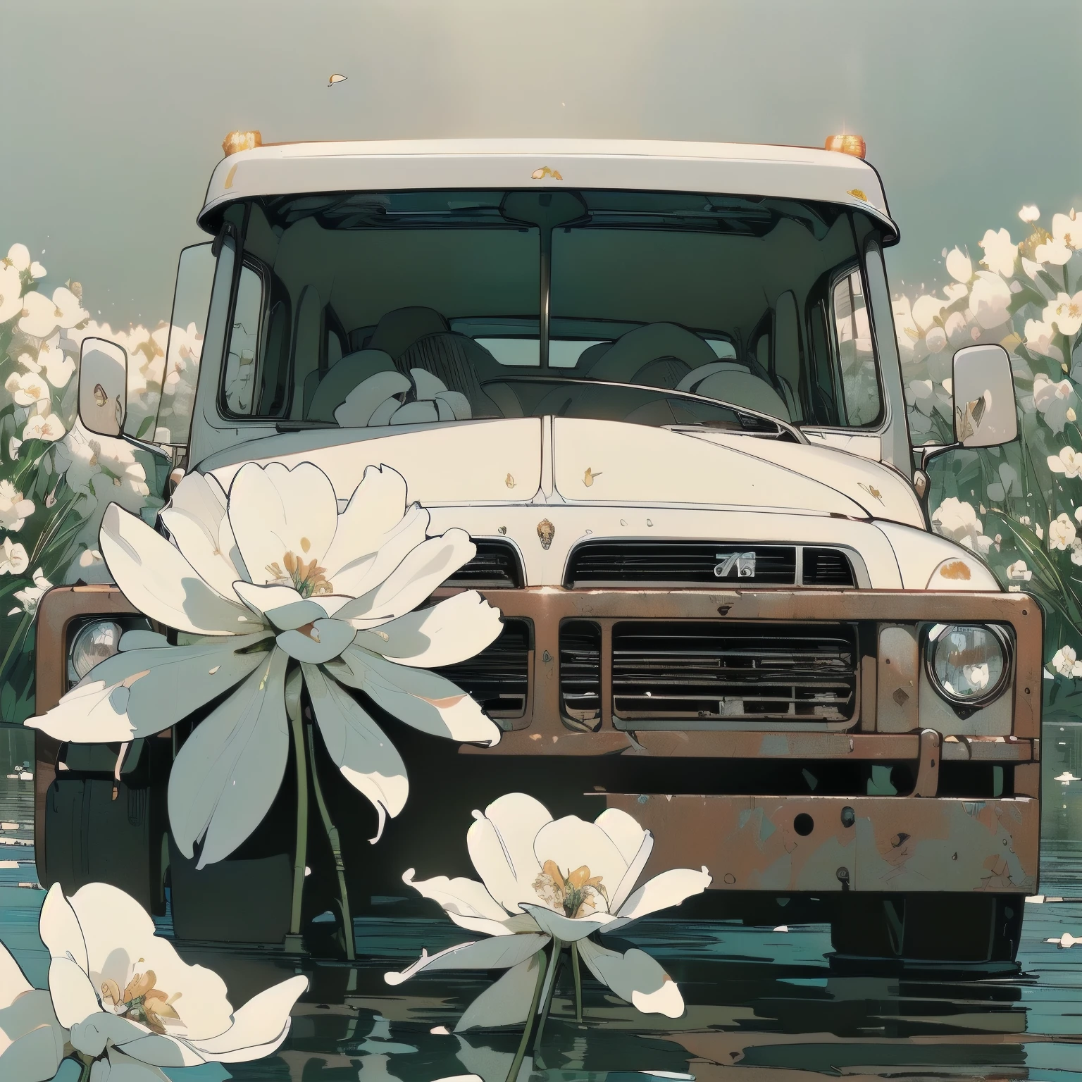 (((Masterpiece, top quality))), (((32K wallpaper))), ultra high resolution, (((close-up))), gorgeous light leak, (((backlit))), highly detailed background, top quality, (((no humans))), highly transparent river, (((extremely detailed rusty heavy truck with many white flowers)), (((( very dull color )))), (((( white flowers in the water))), (((White petals fly)))