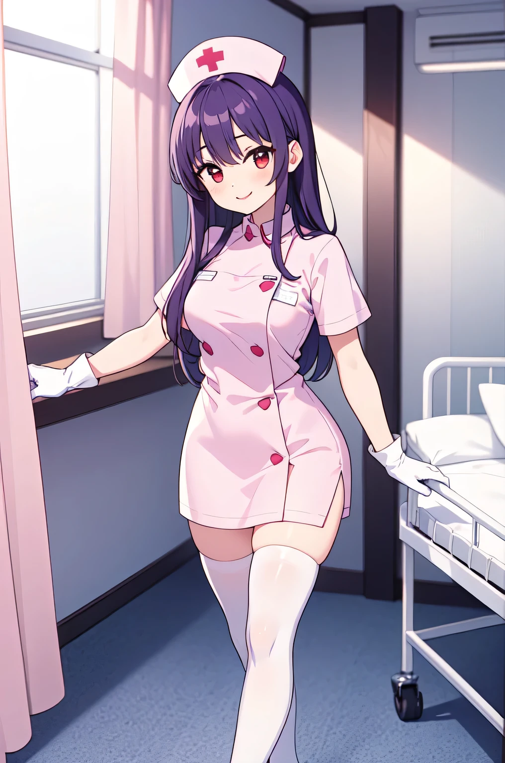 1woman, solo, nurse, white nurse cap, white nurse uniform, ((white legwear, zettai ryouiki)), white gloves, long hair, purple hair, red eyes, pink lips, smile, standing, ((hospital room)), sharp outline, short sleeves, mature female, 35 years old, best quality, masterpiece