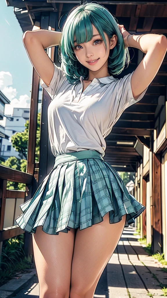 (masterpiece,Highest quality,High resolution,Line art,Anime Style:1.2),(One high school girl:1.2), ((White polo shirt), (Short navy blue pleated skirt, Plaid), (White cotton panties),(White sneakers),(White socks)),(Smiling happily, showing his teeth:1.3),(Straight long hair swaying in the wind,Light green＋Light blue hair,Natural Makeup, Eyelash extensions, Make your eyelashes thinner and longer:1.3),(Cowboy Shot:1.3),(16 year old Japanese girl:1.2),(Clothes that look good:1.2),(School corridor:1.3), The subject is seen from below, (The wind blows her short skirt up, exposing her panties, White cotton panties:1.3), (Are standing, Random sexy poses:1.3), (Place your hands behind your head:1.3), (Thick thighs:1.3)