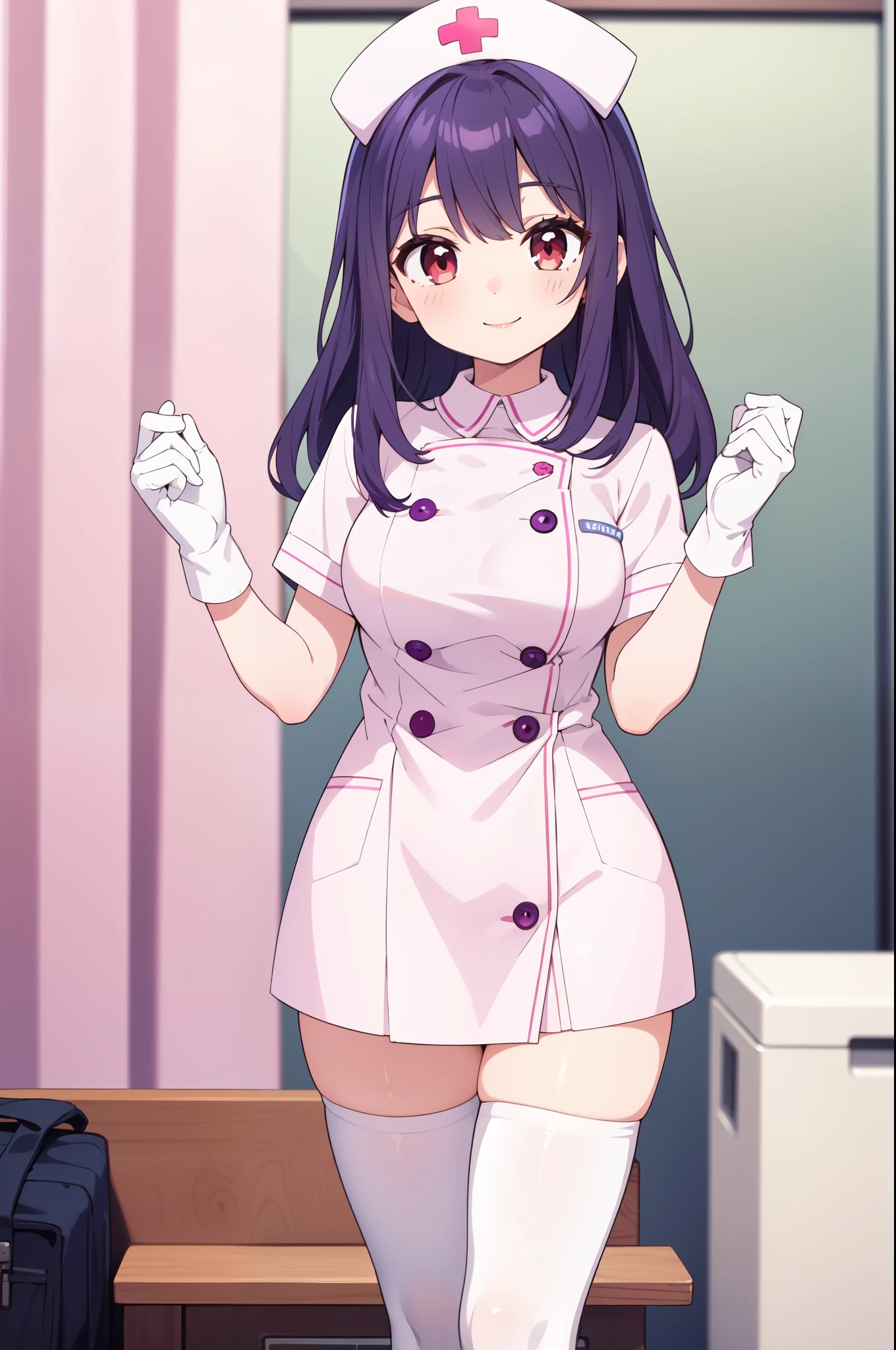1woman, solo, nurse, white nurse cap, white nurse uniform, ((white legwear, zettai ryouiki)), white gloves, long hair, purple hair, red eyes, pink lips, smile, standing, ((hospital room)), sharp outline, short sleeves, mature female, 35 years old, best quality, masterpiece