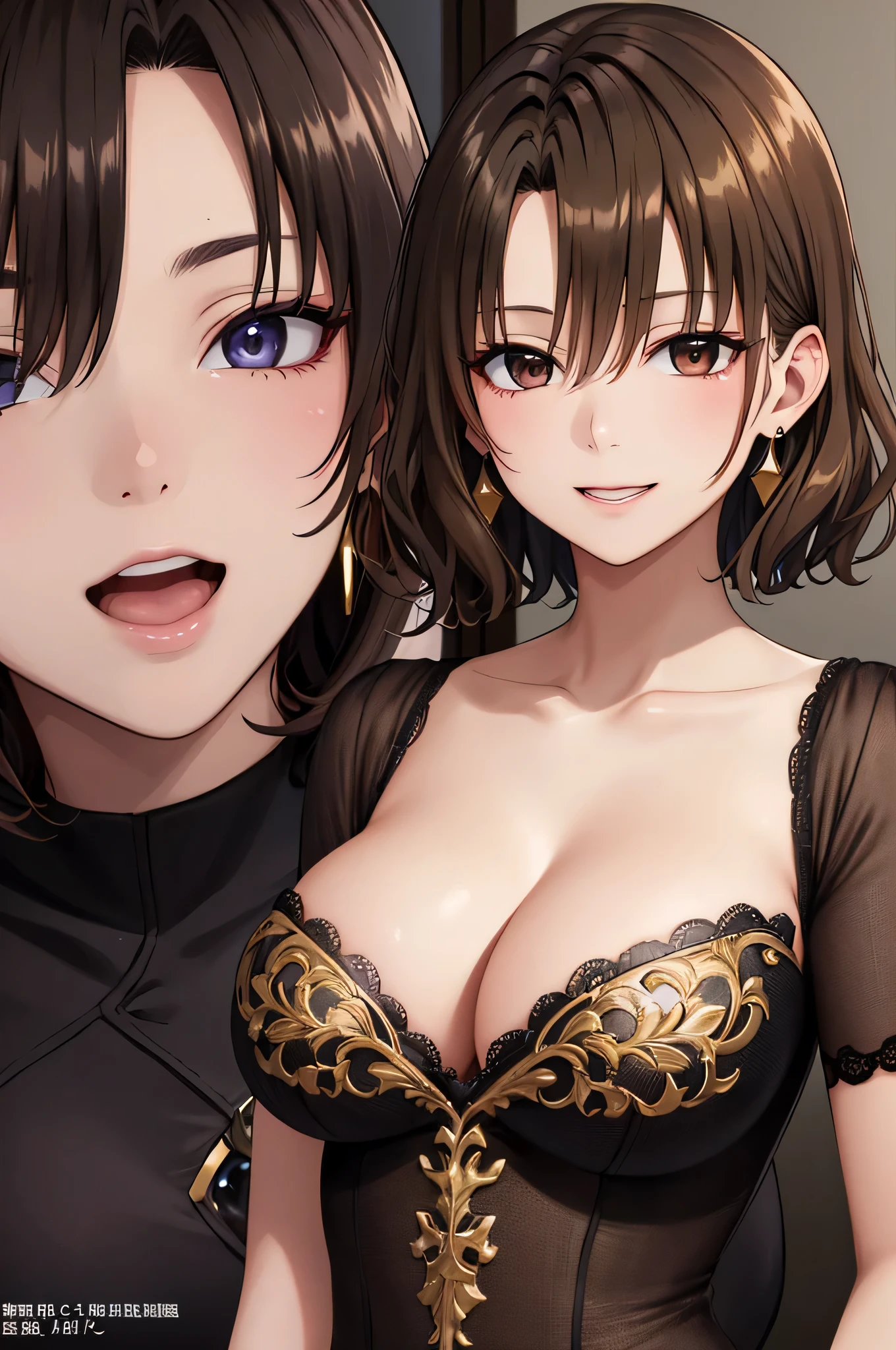 masterpiece、High resolution、Highest quality、figure、Super detailed、Detailed face、Detailed eyes、Highest quality、Super detailed、masterpiece、Detailed face、Beautiful and detailed eyes、Beautiful Face、Perfect body、Official Art、grand plix award figure、Professional Lighting、One woman、Mature Woman、solo、compensate、Brown Hair、Short Hair、Wavy Hair、Brown eyes、Collared shirt dress、Big Breasts、cleavage、A woman with very large breasts、Big earrings、Teasing、Tall Woman、mischief、sexuell魅力、I like mischief、Fascinating、sexuell、laugh at、Playful、Friendly、