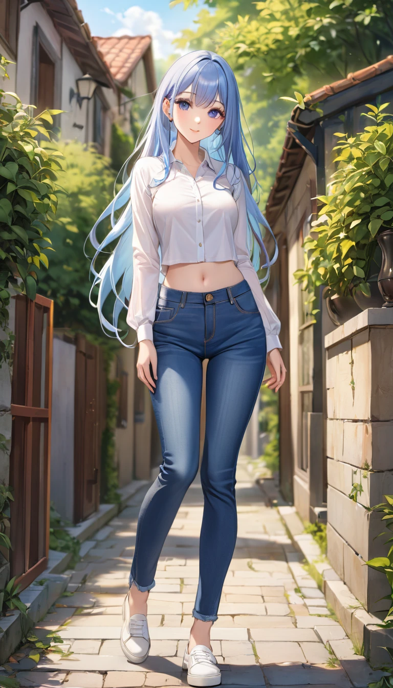 ((best quality, masterpiece:1.3, 8K)), (detailed), highly detailed face and skin texture, detailed eyes, full body, outdoor, (slender body:1.1), 1girl, (solo), (18+ years old), white skin, bright lips, seductive smile, long hair, classic outfit, medium breast, (jeans pants), 