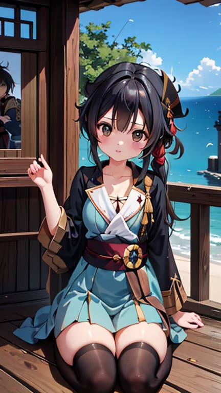 pirate ship,Lots of pirates, cannon, war, (海賊war:1.5),Girl dressed as a pirate, One girl,Black Hair,pirate shipの上,,Lots of pirates, cannon, war, 超High resolution, retina, masterpiece, Accurate, Anatomically correct, Textured skin, Super Detail, Attention to detail, high quality, 最high quality, High resolution, 4K