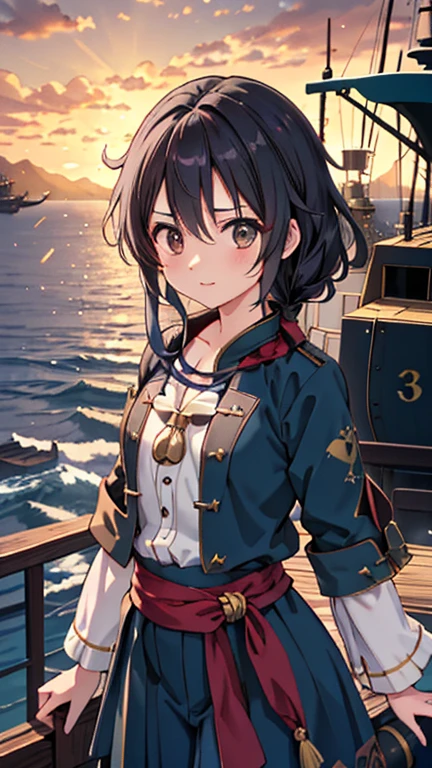 pirate ship,Lots of pirates, cannon, war, (海賊war:1.5),Girl dressed as a pirate, One girl,Black Hair,pirate shipの上,,Lots of pirates, cannon, war, 超High resolution, retina, masterpiece, Accurate, Anatomically correct, Textured skin, Super Detail, Attention to detail, high quality, 最high quality, High resolution, 4K