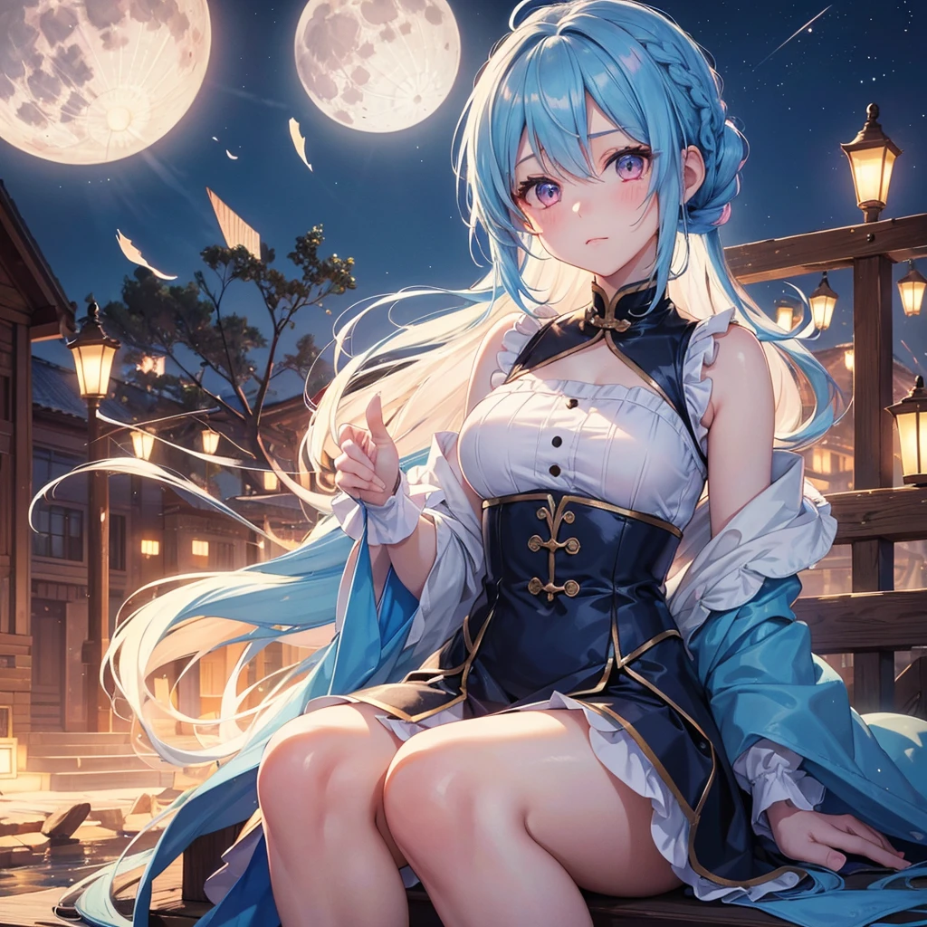 Sky blue hair, (Braided Ponytail), Pink eyes,Fair skin ,(whole body),(One Girl),Tsukimi,Dumpling,Susuki,(beautiful, Full moon shining in the night sky),(masterpiece, Highest quality, Very detailed, Best Shadow), (Detailed Background), (Beautifully detailed face), High Contrast, (Best lighting, Very delicate and beautiful), ((Cinematic Light)), colorful, Hyper Detail,8k, Dramatic Light, Intricate details,Sit and eat dumplings while watching the moon,Rabbit pattern on the moon