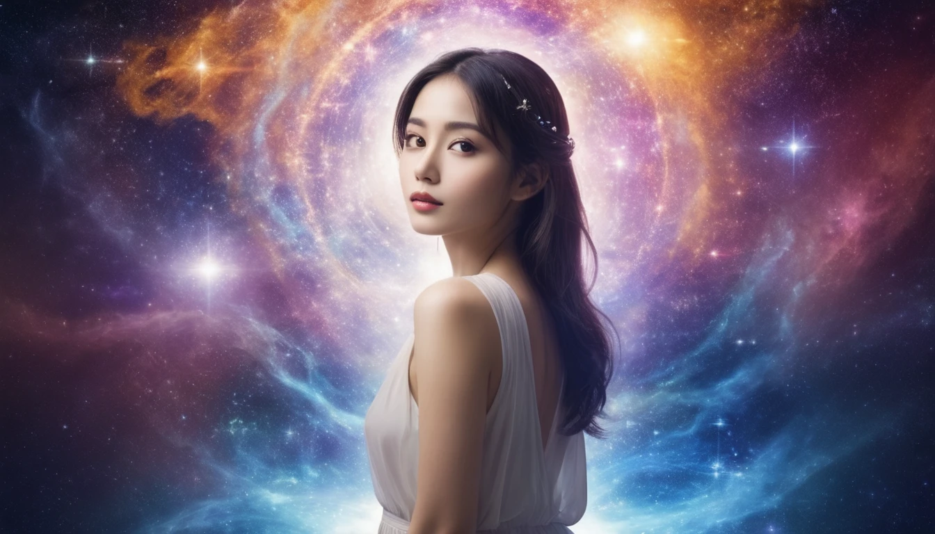 A beautiful woman with a cosmic and beloved aura