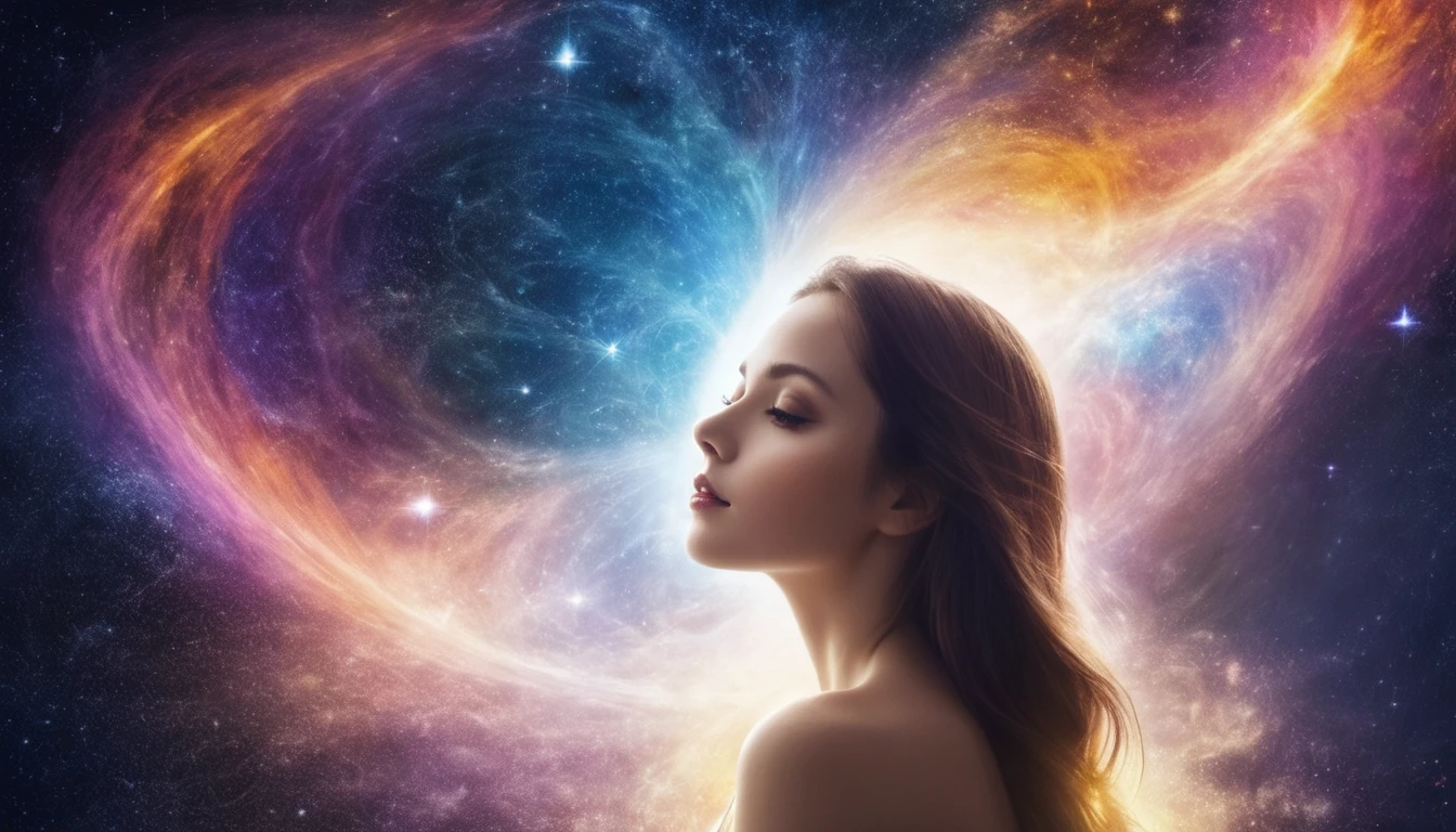 A beautiful woman with a cosmic and beloved aura