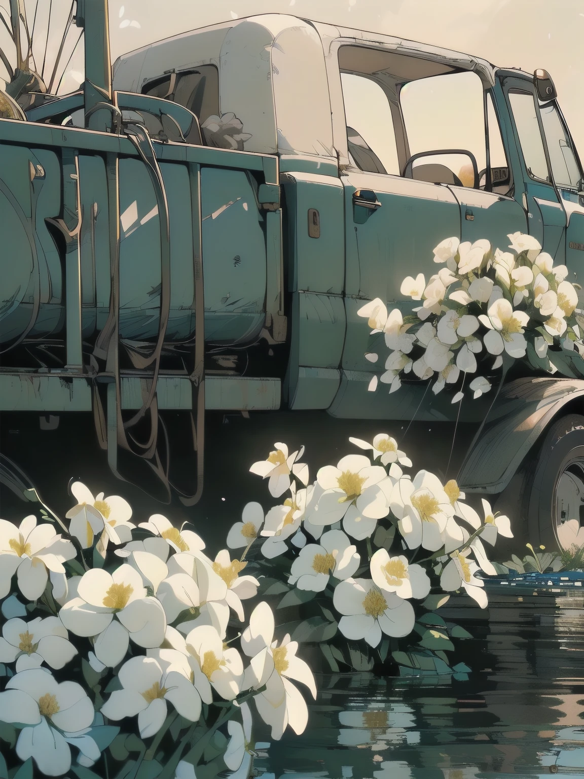 (((Masterpiece, top quality))), (((32K wallpaper))), super high resolution, (((close-up))), gorgeous light leak, (((backlit))), highly detailed background, top quality, (((no humans))), highly transparent river, (((rusty heavy truck with many white flowers)),  (((( very dull color )))), (((( white flowers in the water))),fish