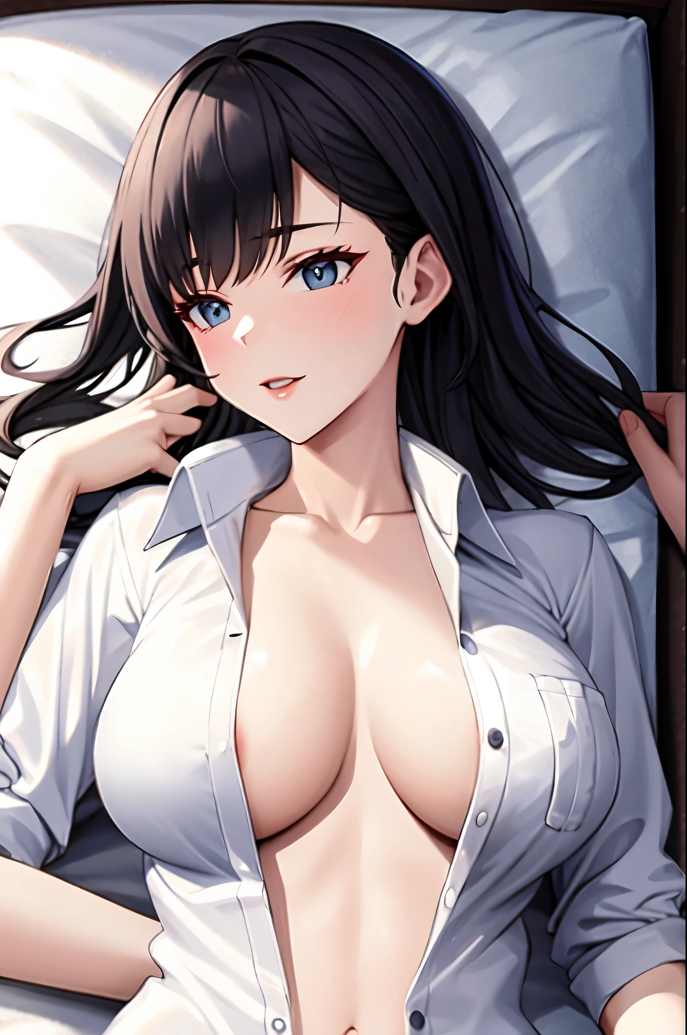 popped collar ,High collar,White shirt,sexy Lady,Lying down,whole body,Naked shirt,