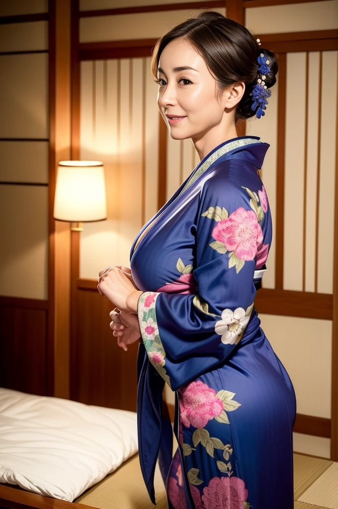 Mature attractive sexy woman,50 years old, ((kimono)),((blue))、(((kimono))),Shut,((Big Breasts:1.3)),(Facial wrinkles:1.3),light makeup,Light brown hair,Long Hair,(Full body photo:0.85),(Emphasize big buttocks),8k, RAW Photos, Highest quality, Laughter,masterpiece,Highest quality、A gentle smile、A gaze that seduces viewers、Random Hairstyles、Japanese-style room、Shoji Screen、lanthanum、