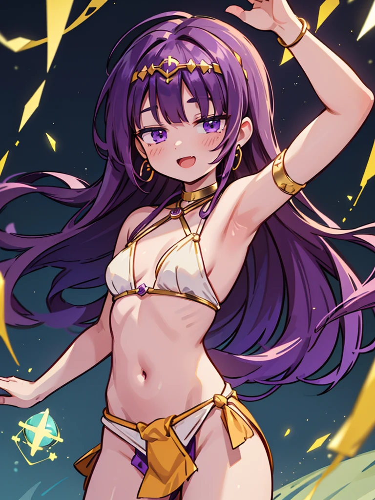 perfect anatomy, precise illustration, extremely detailed CG,  
((masterpiece, best quality, extremely detailed, absurdres)),    

(manya dq4), dancer, small breasts, (dark purple hair:1.5), (long hair), purple eyes, white bikini plate, orange loincloth, (loincloth:1.5), (silver circlet), dark skin, gold earrings, 
open mouth, smile,
dancing,

at lakeside, (spelled healing magic:1.5), solo, (healing green aura),