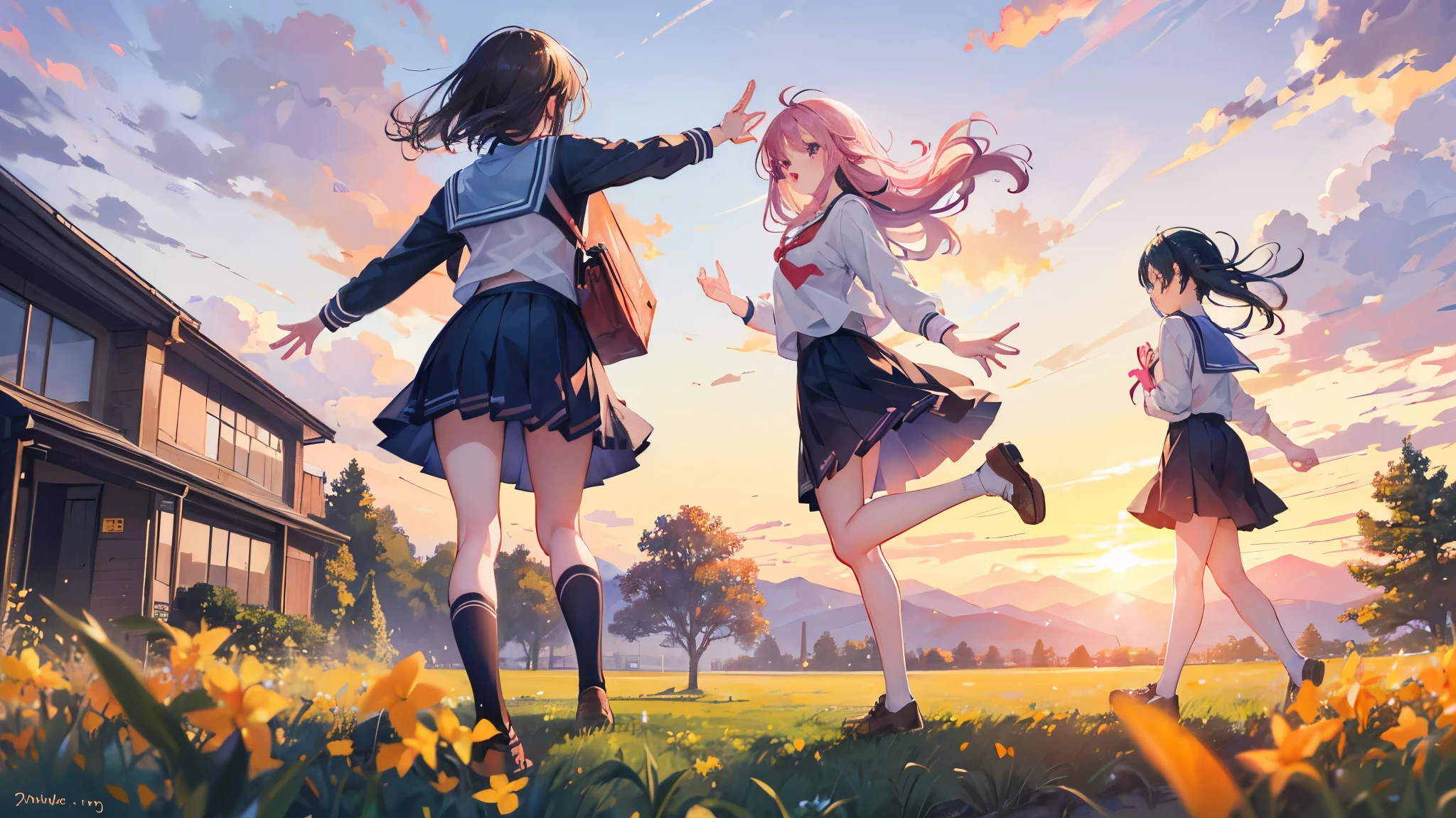 Create a scene of three girls playing joyfully on a country path after school. One girl is wearing over-ear headphones while all three girls chase each other happily. The background should depict a warm, post-school afternoon with a golden-orange sunset illuminating the fields. The sky is painted with soft pink and purple clouds. The three girls, wearing school uniforms, are running from the left side of the frame towards the right, appearing relatively small compared to the overall scene. The entire image should be infused with a sense of youthful energy and warm friendship, showcasing a beautiful, relaxing post-school time.