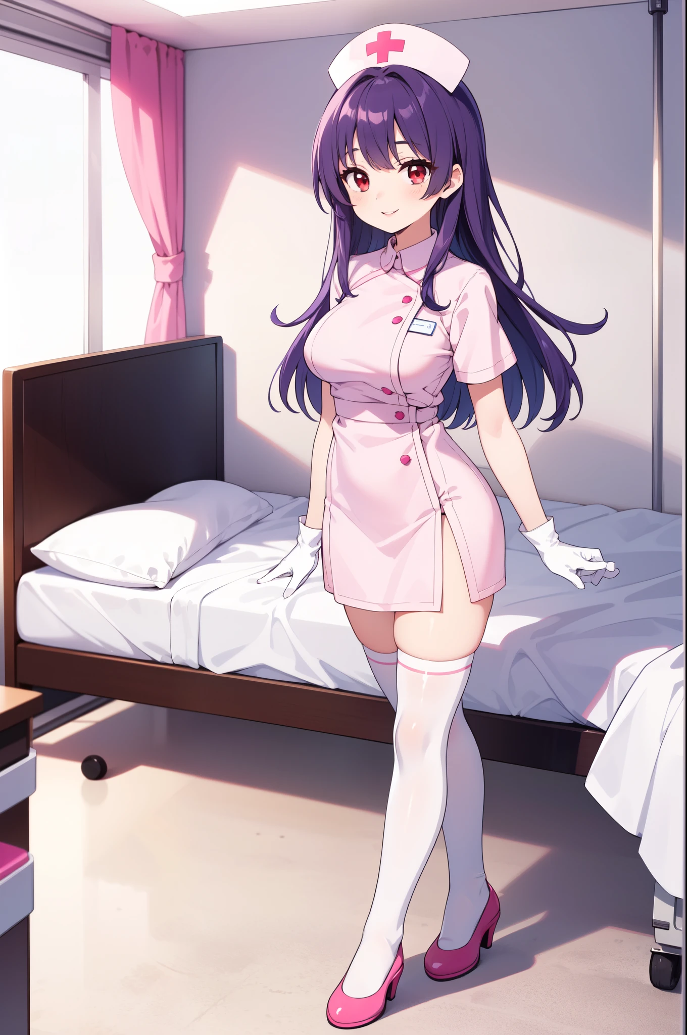 1woman, solo, nurse, white nurse cap, white nurse uniform, ((white legwear, zettai ryouiki)), white gloves, long hair, purple hair, red eyes, pink lips, smile, standing, ((hospital room)), sharp outline, short sleeves, mature female, 35 years old, best quality, masterpiece