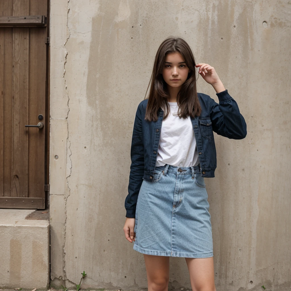 A 16 year old girl standing in front of a wall