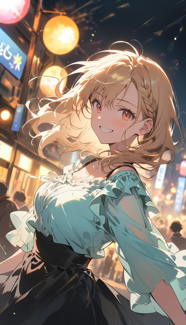 Highest quality,, 1people々Girl, woman,(smile), Center of chest, (bright), (Professional Lighting, Bokeh), (street), people々々, crowd, Braided bangs, (blouse:1.5), (I wore it:0.8), Nice, bloom, Floating Hair, (Dynamic pose:0.6) , Soft lighting, 、(Highest quality、masterpiece、High resolution、detailed)、animeスタイル、Flat Style、(Shine目、detailed美しい顔), break,1people々、floating, (High saturation), (Shine), Focus on the face,extremely detailed、Dynamic Angle、anime