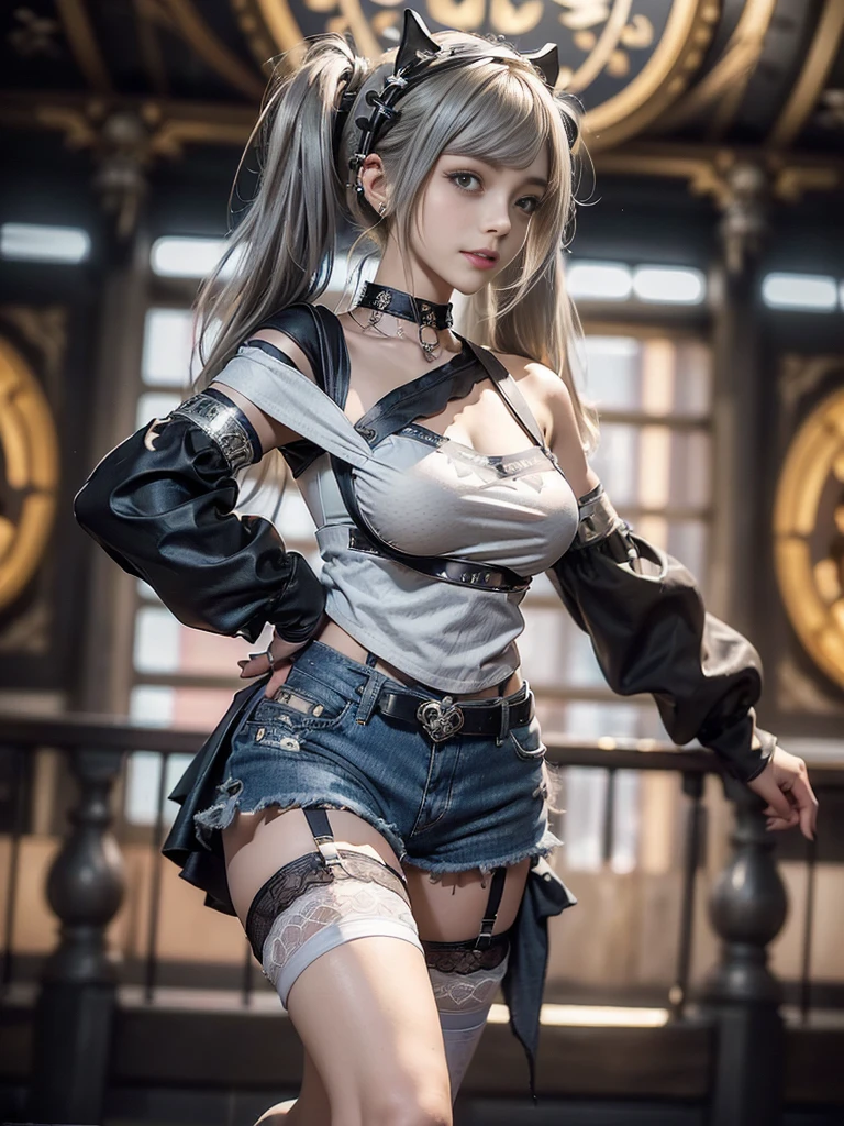 (Full Body View:1.3)、(Beautiful lips and nose:1.4)、(Side view:1.1)、(Smiling with teeth showing:1.3),(Fashion Model:1.5)、(Gothic ta battle uniform with delicate decoration:1.5)、(White off-shoulder hoodie:1.5)、(black, Silver and white shorts:1.4)、(denim garter belt:1.5)、(black and denim knee socks:1.3)、(Skull Silver Accessories:1.5)、(Lace Color:1.3)、(Brown Skin Belt:1.4)、(Brown boots:1.2)、(Polka dots on underwear:1.4)、23 years old、((Highest quality、In 8K、masterpiece:1.3))、Sharp focus:1.2、(Layered Cut、Huge boobs:1.1),Beautiful woman with perfect figure:1.4、(Dance vigorously:1.3)、Slim Abs:1.2、Highly detailed face and skin texture、Detailed eyes、double eyelid,(Twin tails:1.3)、(Brownish golden hair:1.3)、Idol Sculpture、(The background is a gorgeous dance hall.:1.3)、(The body is slim:1.2),(Slimming your legs:1.4),(clavicle:1.1)