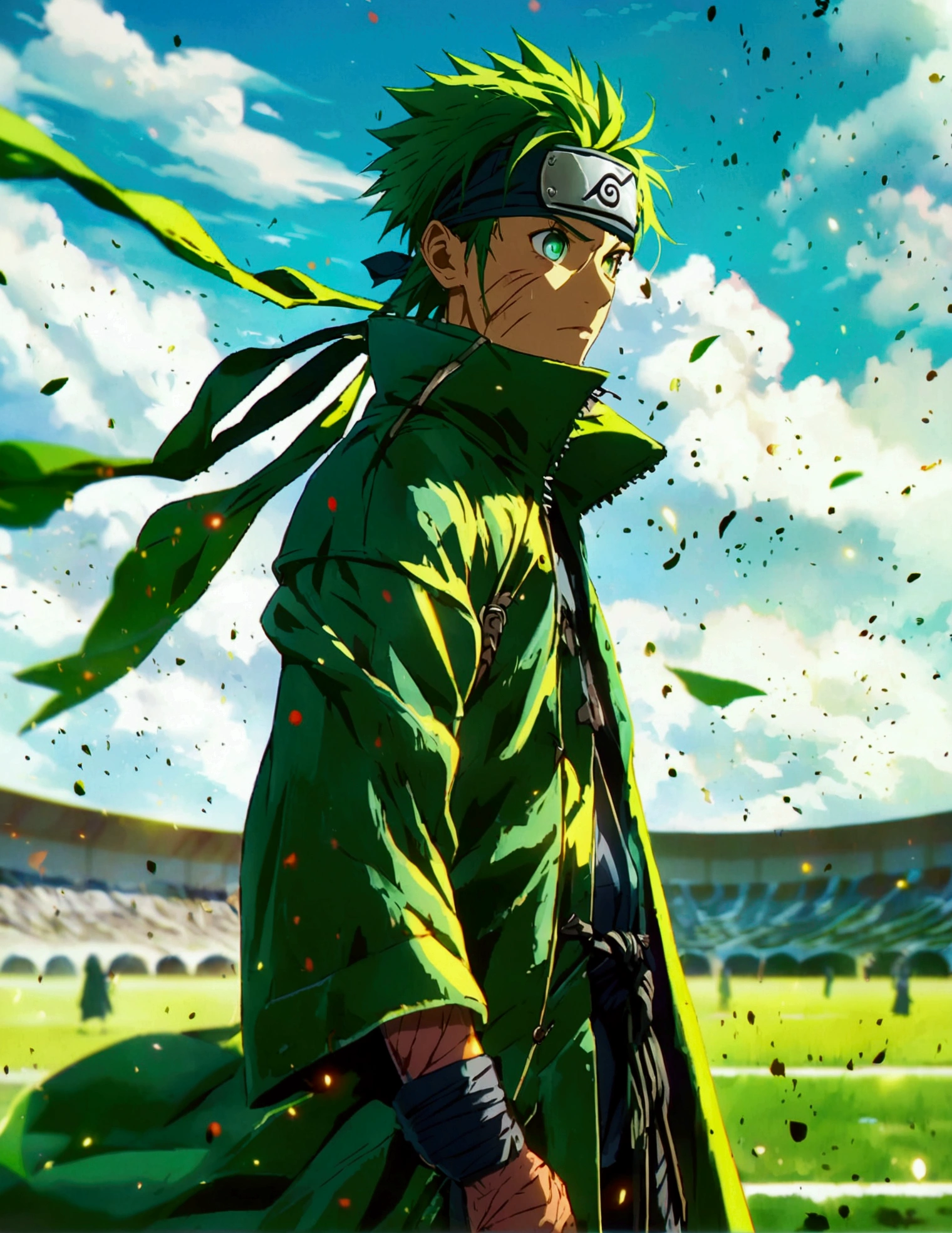 Man, thin and defined body, long green hair, green eyes, bruised and scarred body, dark green coat, training field background, "Anime character design inspired by Naruto, full of dramatic and impressive lighting, focus on the centralized character, impressive face, full of creative details, ultra-fine 2D design, scenery bathed in creativity, boasting 2D anime resolution clarity, HD anime graphics, high-octane rendering"