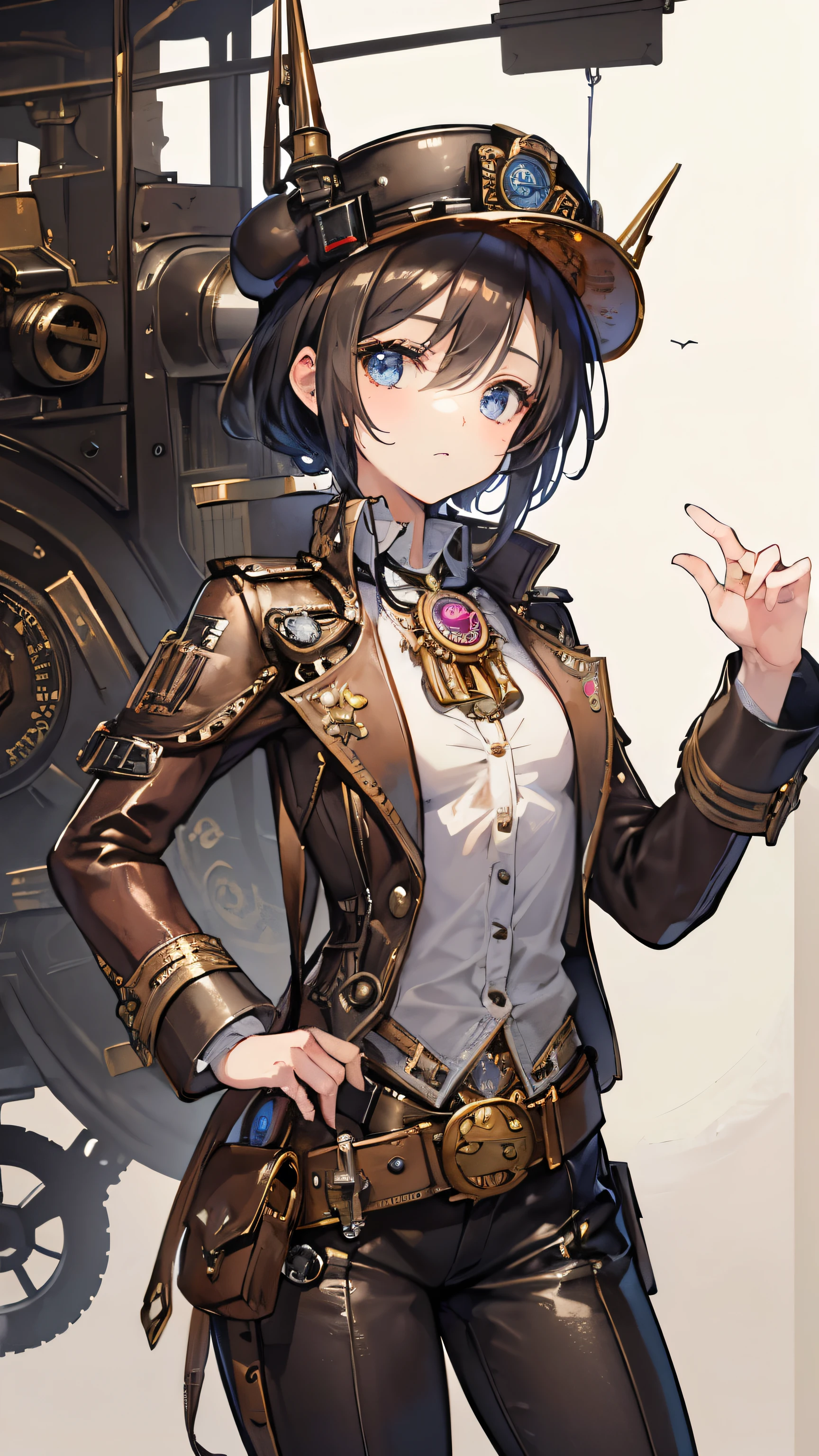((Best masterpiece, Perfect quality, Ultra detailed)), ((Steampunk, Fantasy)) A skinny pilot girl with small bust, Wearing antique pilot cap, Wearing white shirt