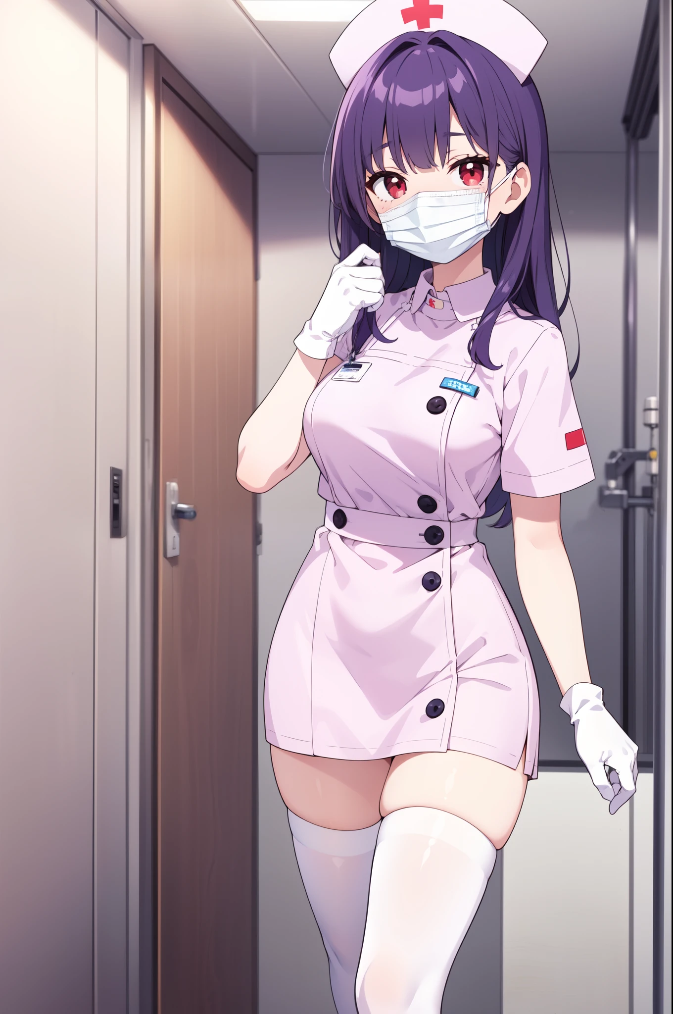 1woman, solo, nurse, white nurse cap, white nurse uniform, ((white legwear, zettai ryouiki)), white gloves, long hair, purple hair, red eyes, ((white surgical mask, covered nose)), standing, ((hospital room)), sharp outline, short sleeves, mature female, 35 years old, best quality, masterpiece