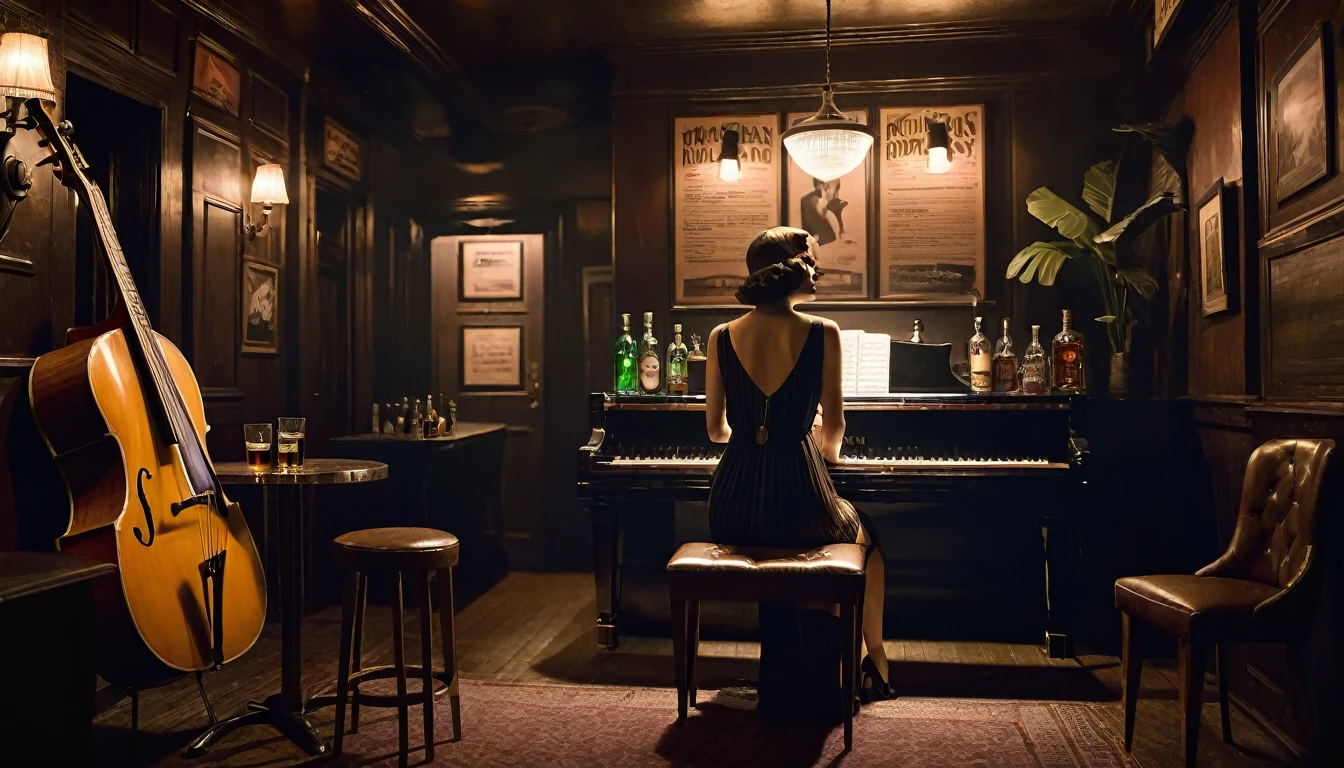 A woman is sitting at a piano in a bar, There is a man playing an acoustic guitar,film noir jazz bar, 1 9 3 0 S Jazz Club, 1 9 2 0's Style Speakeasy, Speakeasy bar background, inspired by Art Frahm, Wayne England, film noir realistic, Cozy, dark 1920s speakeasy bar, Scott M. Fischer