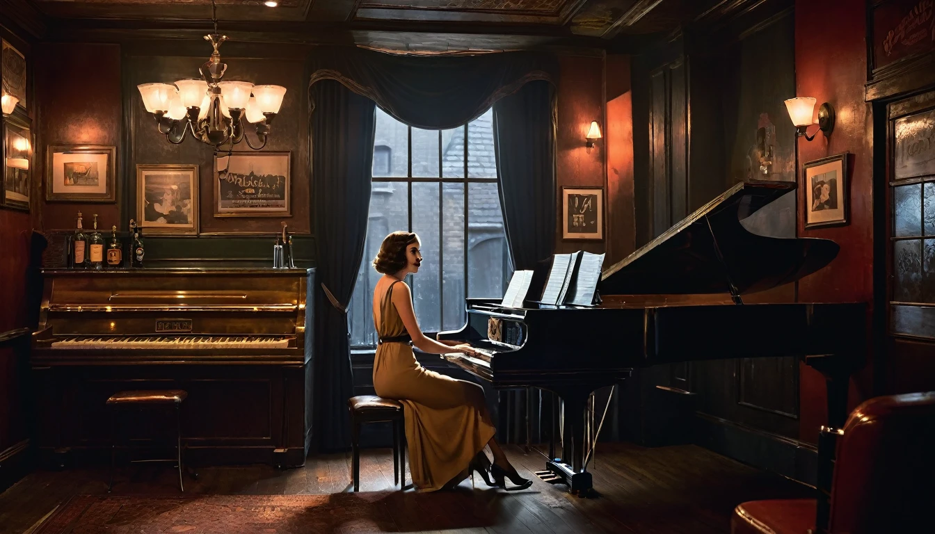 A woman is sitting at a piano in a bar, There is a man playing an acoustic guitar,film noir jazz bar, 1 9 3 0 S Jazz Club, 1 9 2 0's Style Speakeasy, Speakeasy bar background, inspired by Art Frahm, Wayne England, film noir realistic, Cozy, dark 1920s speakeasy bar, Scott M. Fischer