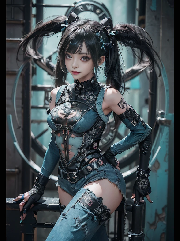 (Full Body View:1.2)、(Full body:1.3)、(Smiling with teeth showing:1.3),(Shibuya Gal:1.5)、(Gothic Lolita style fashion:1.5)、(Punk RockVisual Kei:1.5)、(Wearing a rhythmic gymnastics bodysuit with intricate details:1.4)、(Racing suit and pants with intricate turquoise, denim and charcoal decorations:1.5)、(Denim and light blue and turquoise boots:1.3)、((belt))、(Numerous delicate logo marks all over the costume:1.4)、(collar:1.3)、(Polka dot underwear:1.5)、20-year-old、NSFW、((Highest quality、In 8K、masterpiece:1.3))、Sharp focus:1.2、(Layered Cut、Huge boobs:1.1),Beautiful woman with perfect figure:1.4、(do a gravure pose:1.3)、Slender Abs:1.2、Highly detailed face and skin texture、Detailed eyes、double eyelid,(Twin tails:1.3)、(Black brown hair:1.3)、Gravure idol、(The background is the stage of the fashion show:1.3)、(Slim Body:1.3),(Make your legs thinner:1.4),（clavicle:1.1）