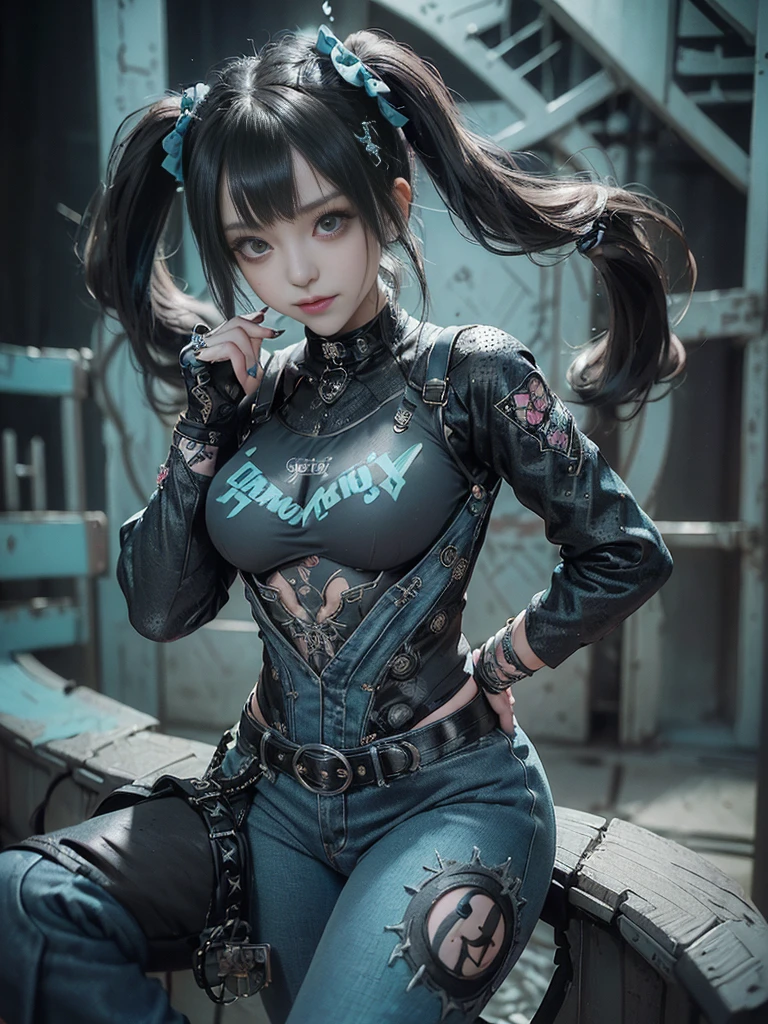 (Full Body View:1.2)、(Full body:1.3)、(Smiling with teeth showing:1.3),(Shibuya Gal:1.5)、(Gothic Lolita style fashion:1.5)、(Punk RockVisual Kei:1.5)、(Wearing a rhythmic gymnastics bodysuit with intricate details:1.4)、(Racing suit and pants with intricate turquoise, denim and charcoal decorations:1.5)、(Denim and light blue and turquoise boots:1.3)、((belt))、(Numerous delicate logo marks all over the costume:1.4)、(collar:1.3)、(Polka dot underwear:1.5)、20-year-old、NSFW、((Highest quality、In 8K、masterpiece:1.3))、Sharp focus:1.2、(Layered Cut、Huge boobs:1.1),Beautiful woman with perfect figure:1.4、(do a gravure pose:1.3)、Slender Abs:1.2、Highly detailed face and skin texture、Detailed eyes、double eyelid,(Twin tails:1.3)、(Black brown hair:1.3)、Gravure idol、(The background is the stage of the fashion show:1.3)、(Slim Body:1.3),(Make your legs thinner:1.4),(clavicle:1.1)