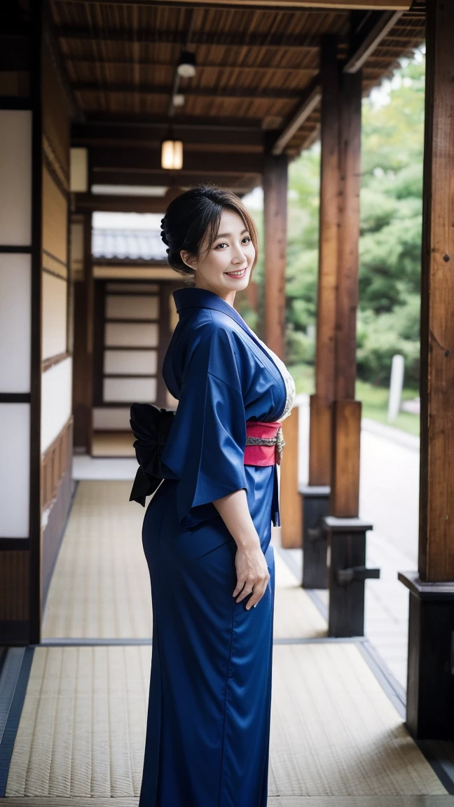 Mature attractive sexy woman,50 years old, ((kimono)),((ultramarine))、(((kimono))),Shut,((Big Breasts:1.1)),(Facial wrinkles:1.3),light makeup,Light brown hair,Long Hair,(Full body photo:0.85),(Emphasize big buttocks),8k, RAW Photos, Highest quality, Laughter,masterpiece,Highest quality、A kind smile、A captivating gaze、Random Hairstyles、Japanese-style room、Shoji Screen、lanthanum、