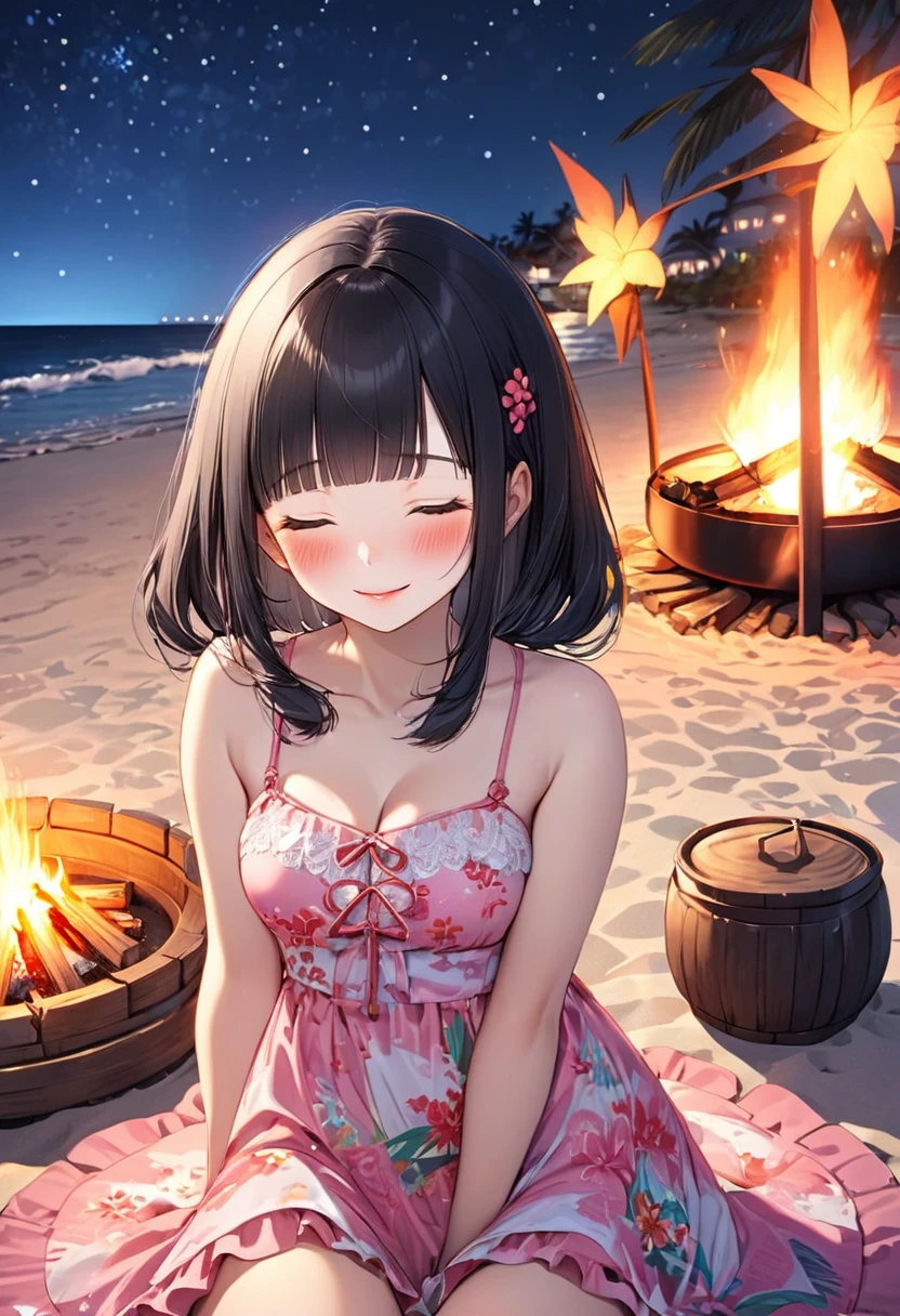 pov, (Tropical resort style) (solo:2, 15 yo), (beautiful detailed blunt bangs:1.3) (best beauty black hair long hair) (best cute shrine girl, sexy closed eyes, love smile, glossy lip, blushing, medium tits), in a cute pink Layered dress, break, in the night South Sea Island, night beach, put on the Bonfire, background night beautiful Starry sky, BREAK, perfect anatomy, masterpiece, best quality, 16k, beautiful detailed love, daydreaming expression.