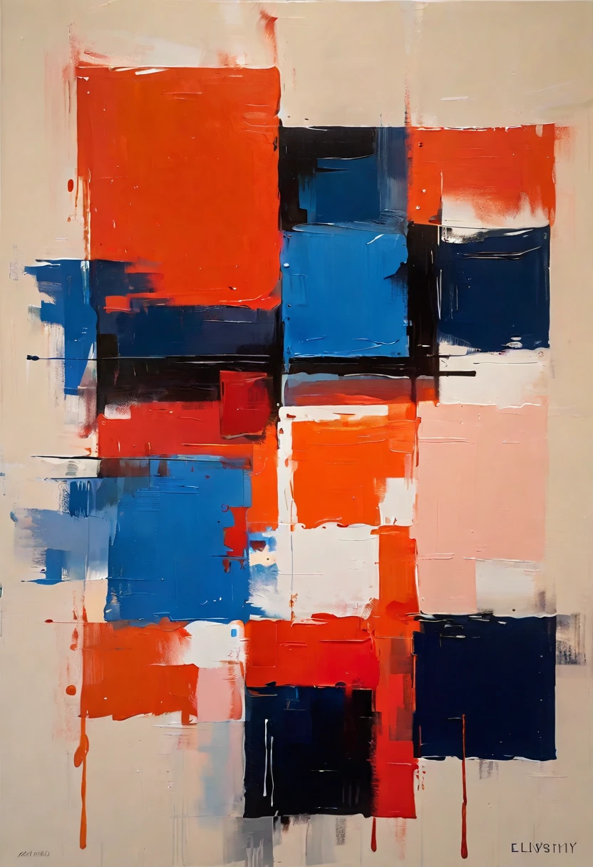 Create a contemporary portrait of a man with sharp features, using a bold and graphic style. Use vibrant, contrasting colors with a strong emphasis on red and blue hues. The background should be a neutral, pale beige or light peach color. The face should be at a slight angle, with clean lines and blocks of color to define the facial structure. Ensure the expression is intense, and the overall composition has a modern, pop-art feel. The painting should capture the interplay between light and shadow with striking contrasts. Ellsworth Kelly style