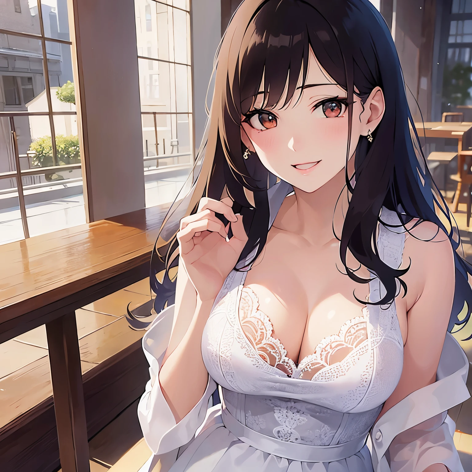 (looking at viewer:1.5),Upper Body,
Realistic, real person, (pale skin: 1.2), RAW photo, photorealistic, shiny skin, shiny hair、
(A 25-year-old woman with medium-length hair and bangs) and (wavy hair) and (brown hair) and (orange eyes) 、
(tearful:1.3),(smile:1.5)、open mouth,White Wedding Dress、The background is inside the restaurant