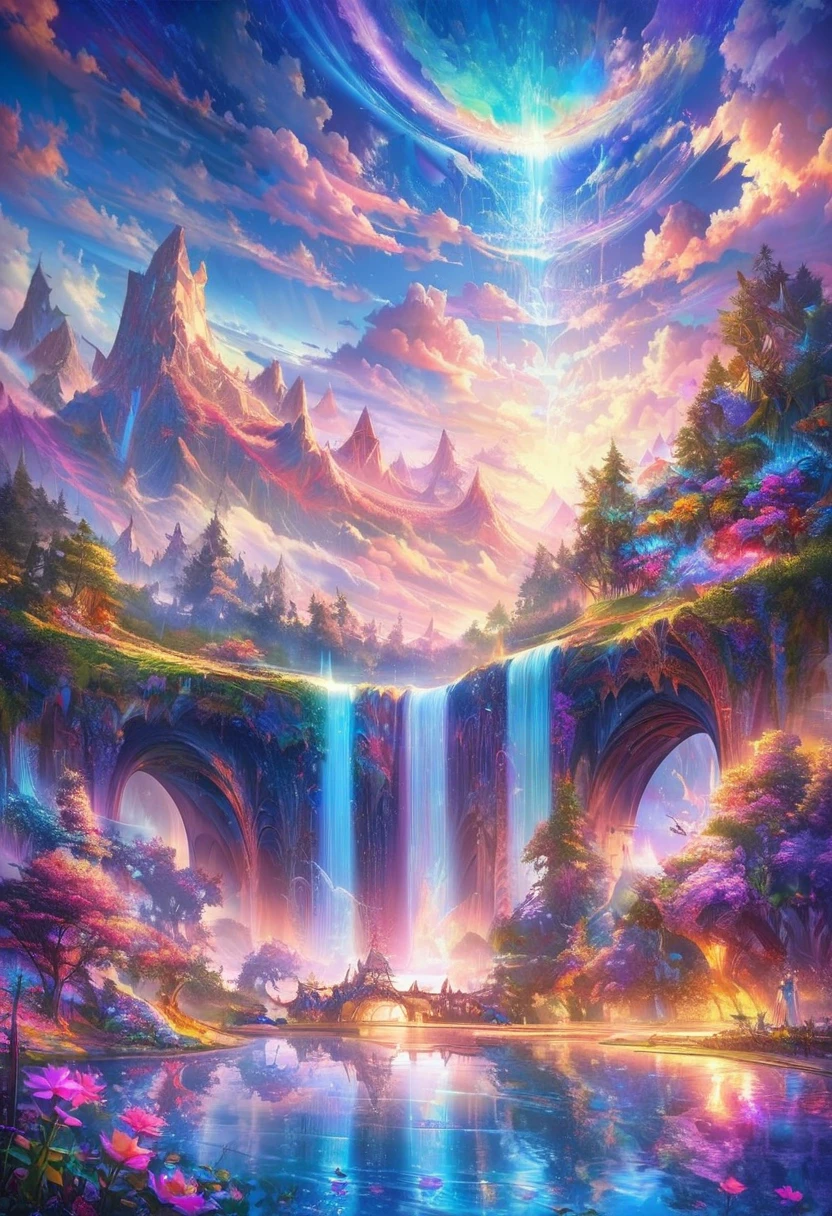baptism,baptism,eden,rich and colorful,Dreamy Landscape, cloud, light piercing through the cloud, Reflections on the water, Gentle waterfall,flower々,Quiet atmosphere, Rich in details, Surreal beauty, Magic Aura, Fantasy Landscape, High quality digital art, Vibrant colors, Wonderful lighting, Charming atmosphere, ArtisticExpressions, An otherworldly feel, Beautiful brushstrokes, Magnificent views, Calm and tranquil, Immersive Experience, Stunning landscape, Picturesque scenery, Mysterious charm, Mysterious atmosphere, A fine line, A magical dream.nobody
