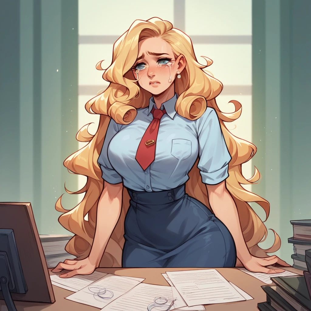 Beautiful woman 25 years old, not very high, long curly light blonde hair, Thin waist, big tits, well-shaped and large hips. She wears a secretary uniform with a tie, she was sad and crying, Office