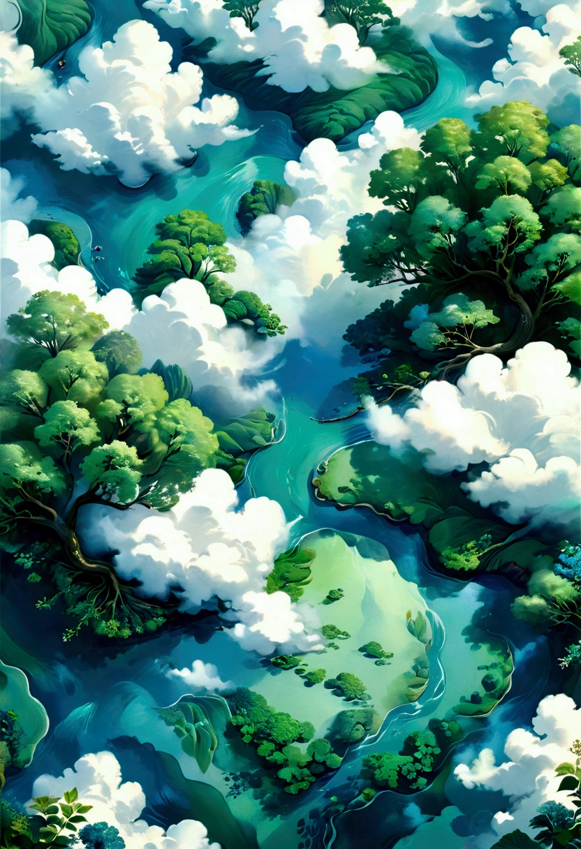 Realistic,high quality desktop wallpaper，Very beautiful photos,Blue River, Green tree々and white clouds, Top View, Patterned Paper Background, Pale sky blue and emerald green, Soft colors, bright, Whimsical children&#39;s book illustrations
