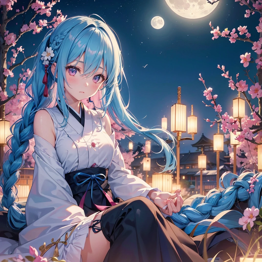 Sky blue hair, (Braided Ponytail), Pink eyes,Fair skin ,(whole body),(One Girl),Tsukimi,Dumpling,Japanese pampas grass,(beautiful, Full moon shining in the night sky),(masterpiece, Highest quality, Very detailed, Best Shadow), (Detailed Background), (Beautifully detailed face), High Contrast, (Best lighting, Very delicate and beautiful), ((Cinematic Light)), colorful, Hyper Detail,8k, Dramatic Light, Intricate details,Sit and eat dumplings while watching the moon,Rabbit pattern on the moon