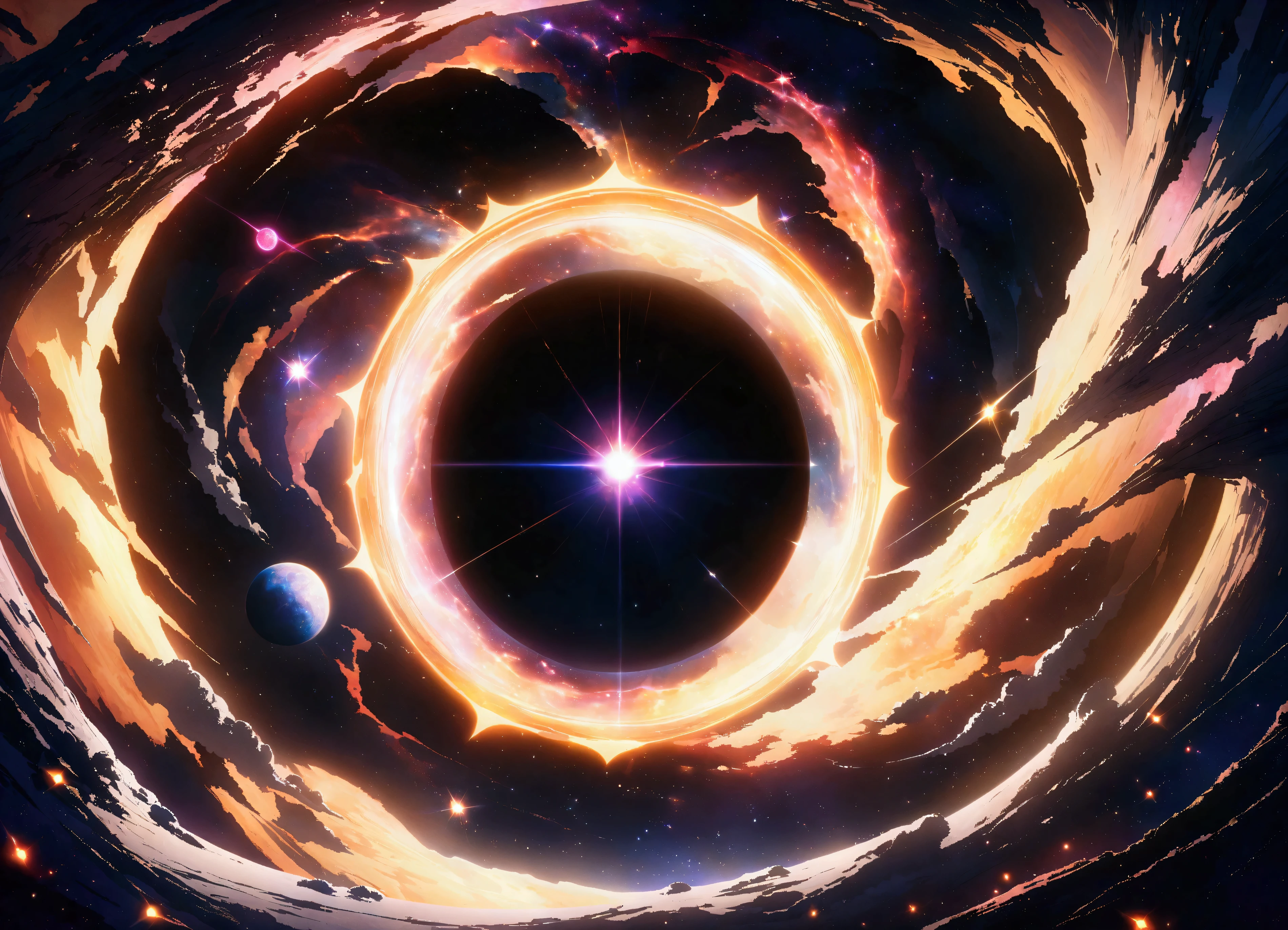 A close-up of the spiral at the center of the galaxy, Black holes in the abstract universe, Swirl of energy, Black Hole Time Portal, Glowing black hole entrance, Interstellar infinite portal, portrait of a mystical giant eye, Portrait of a cosmic being, An interstellar vortex racing through time and space, detailed in detail, Cinema Lighting, Octane Rendering, 8K Rendering, Volumetric lighting, universe, Deep Universe, wonderful, In detail, masterpiece, Highest quality, Highly detailed CG Unity 8k wallpaper, Fantastic engine,A magnificent composition