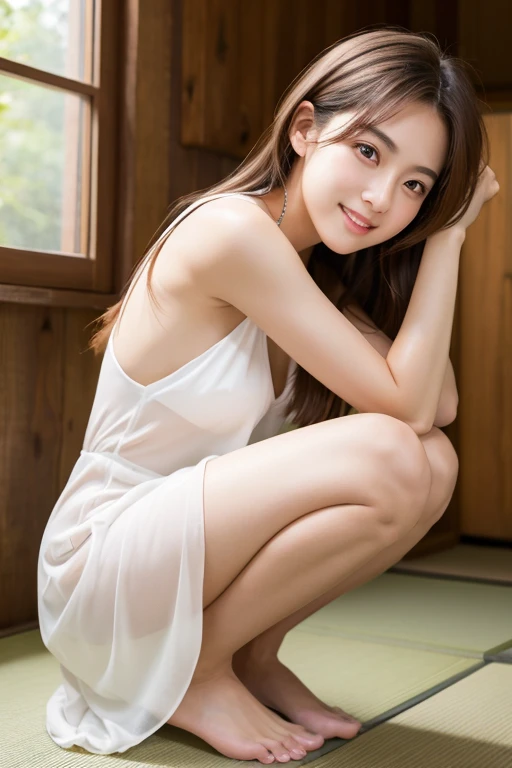 Attractive woman around 30 years old、Small underwear with a whole white sheer、A smile、tiny chest、Muchimuchi's body、Embarrassing、​masterpiece、top-quality、A seductive gaze、Sitting on a chair with legs open