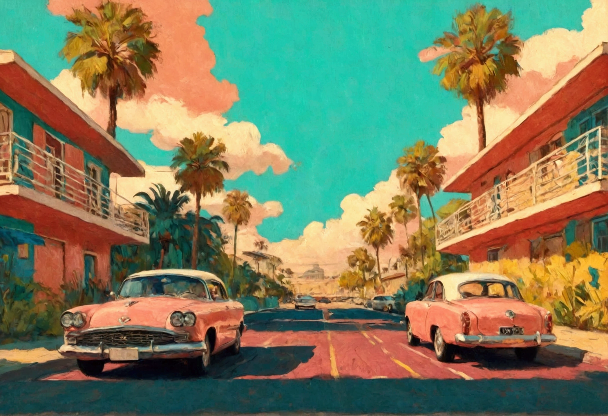 Impressive, award-winning, professional, highly detailed in, undefined,. Include vibrant pastel colors, sleek lines, and a retro summer atmosphere. The style should be reminiscent of vintage travel posters with a modern twist, modern art.
