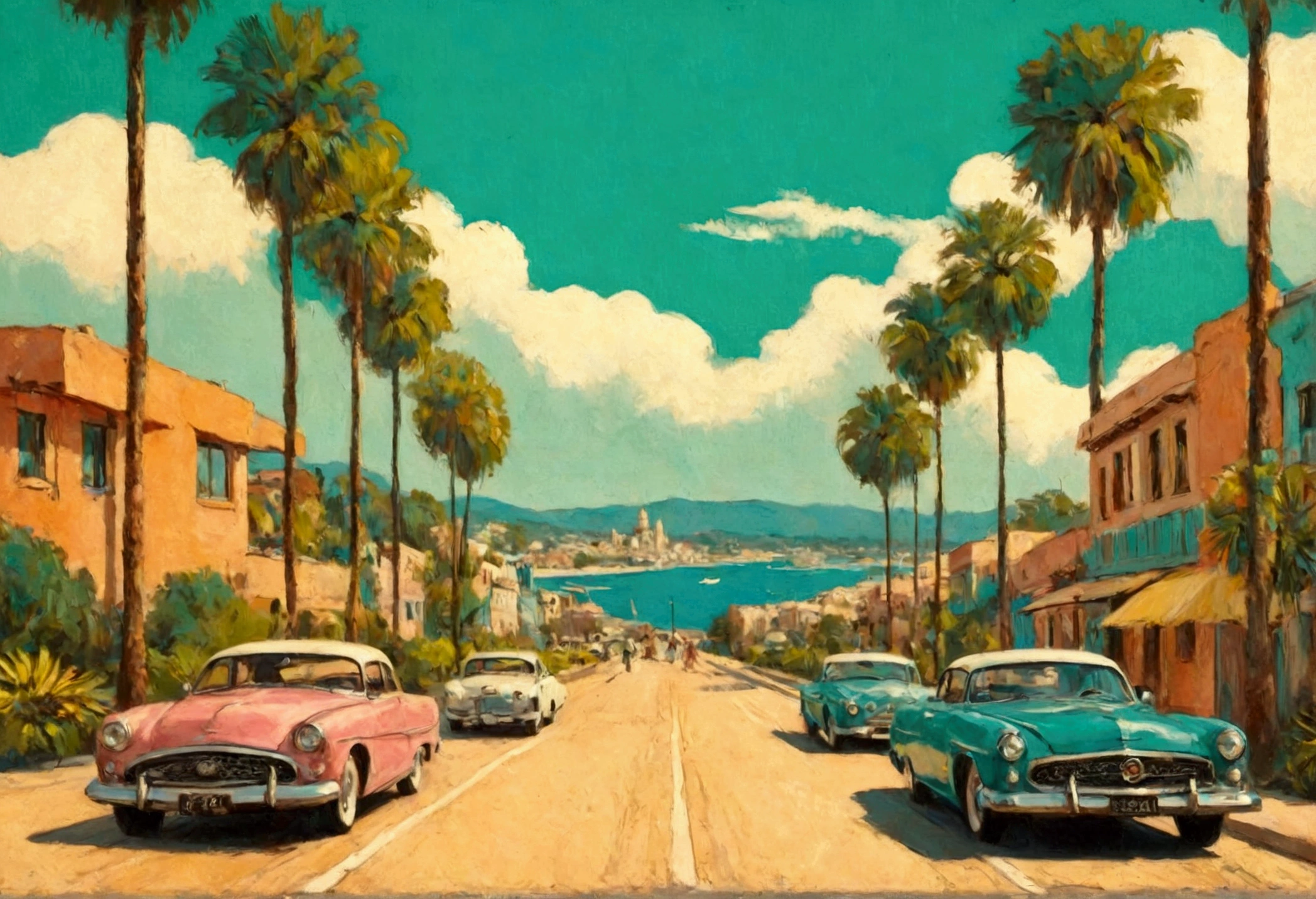 Impressive, award-winning, professional, highly detailed in, undefined,. Include vibrant pastel colors, sleek lines, and a retro summer atmosphere. The style should be reminiscent of vintage travel posters with a modern twist, modern art.