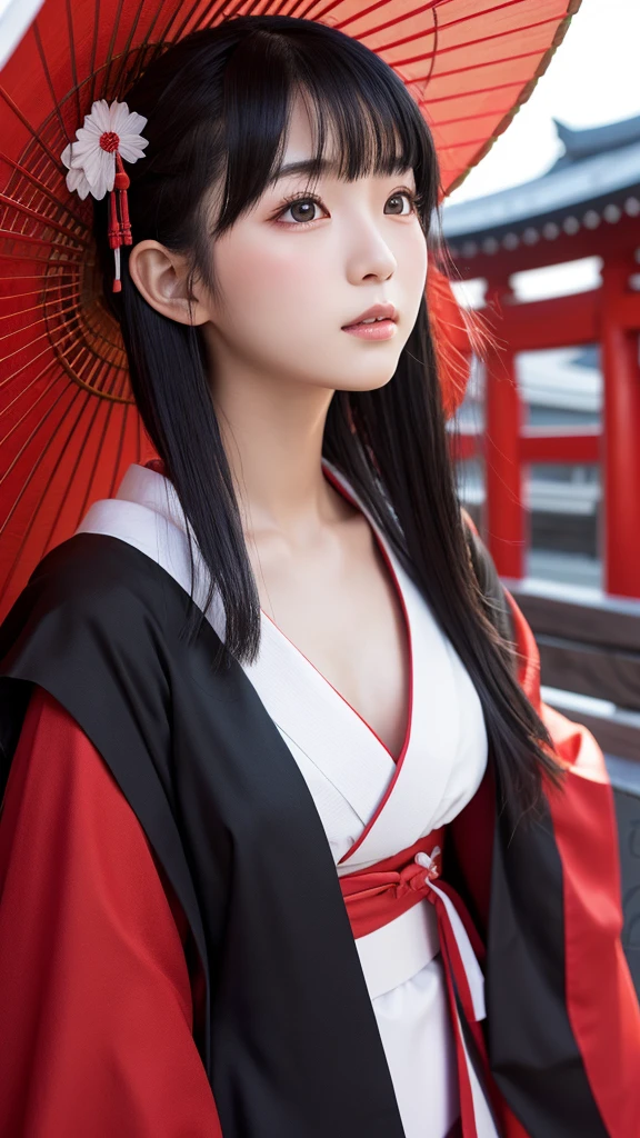 Shrine maiden Japanese style background Fortune telling Black Hair beautiful girl Modest chest High resolution, Textured skin, Ultra high definition, front