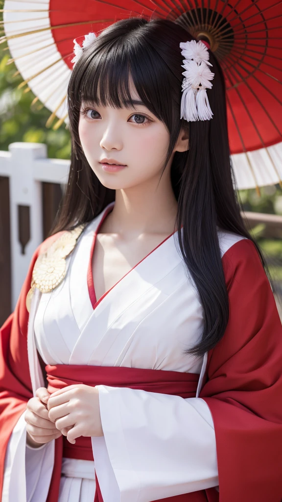 Shrine maiden　Japanese style background　Fortune telling　Black Hair　beautiful girl　Modest chest　High resolution, Textured skin, Ultra high definition, front