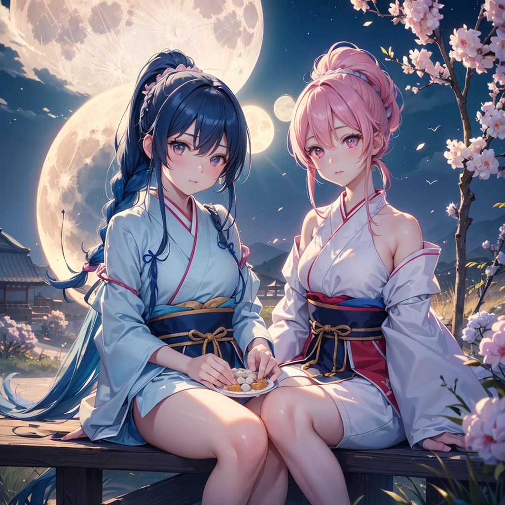 Sky blue hair, (Braided Ponytail), Pink eyes,Fair skin ,(whole body),(One Girl),Tsukimi,Dumpling,Japanese pampas grass,(beautiful, Full moon shining in the night sky),(masterpiece, Highest quality, Very detailed, Best Shadow), (Detailed Background), (Beautifully detailed face), High Contrast, (Best lighting, Very delicate and beautiful), ((Cinematic Light)), colorful, Hyper Detail,8k, Dramatic Light, Intricate details,Sit and eat dumplings while watching the moon,Rabbit pattern on the moon