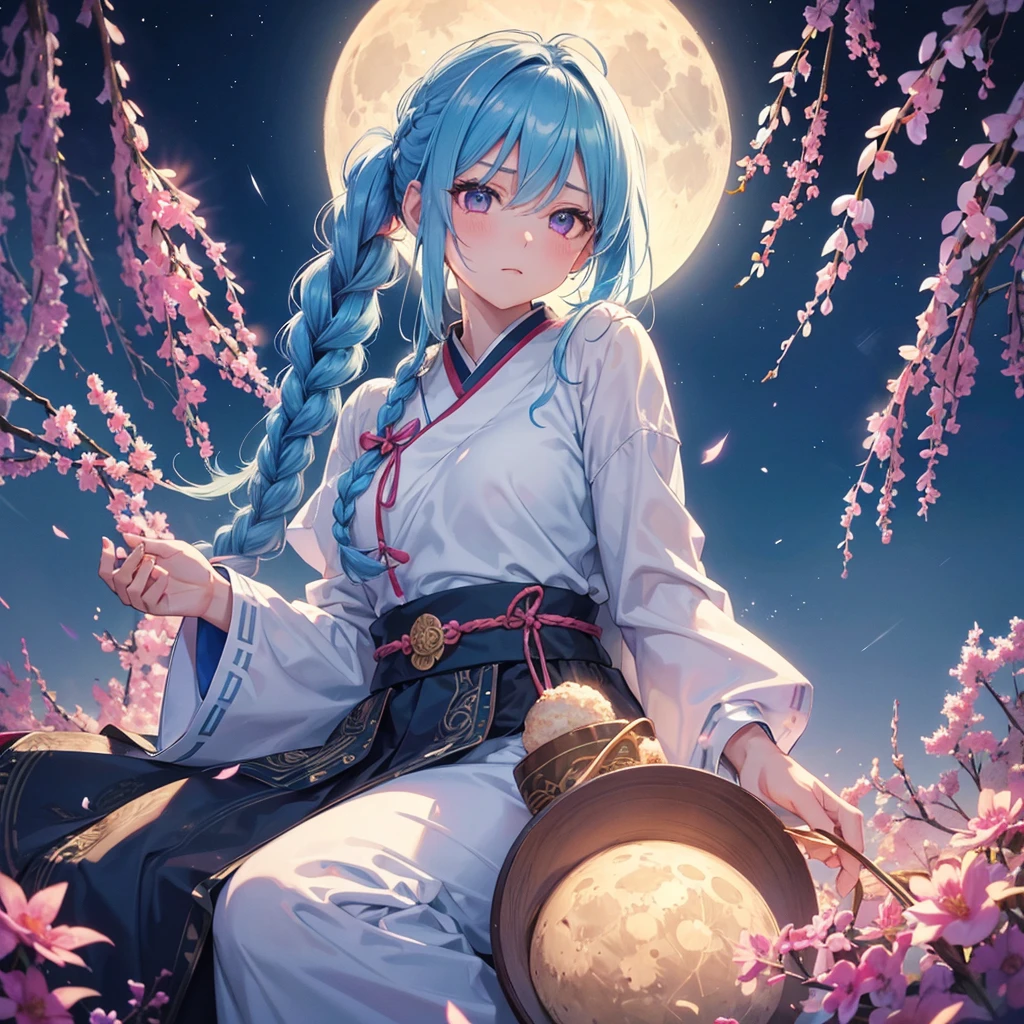 Sky blue hair, (Braided Ponytail), Pink eyes,Fair skin ,(whole body),(One Girl),Tsukimi,Dumpling,Japanese pampas grass,(beautiful, Full moon shining in the night sky),(masterpiece, Highest quality, Very detailed, Best Shadow), (Detailed Background), (Beautifully detailed face), High Contrast, (Best lighting, Very delicate and beautiful), ((Cinematic Light)), colorful, Hyper Detail,8k, Dramatic Light, Intricate details,Sit and eat dumplings while watching the moon,Rabbit pattern on the moon