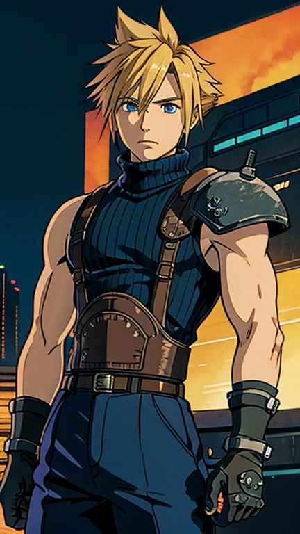 (1man, cloud strife), (extremely detailed CG unit 8k wallpaper),(master part), (best quality), (ultra detail), (best illustration),(ghibli style), cowboy shot, (Sharp eyeliner, ombre, detailed eyes:1), dark cyberpunk city background, ,break , (GHIBLI_Background), upper body, shoulder armor, sleeveless turtleneck, suspenders, belt, baggy pants, gloves, bracer,