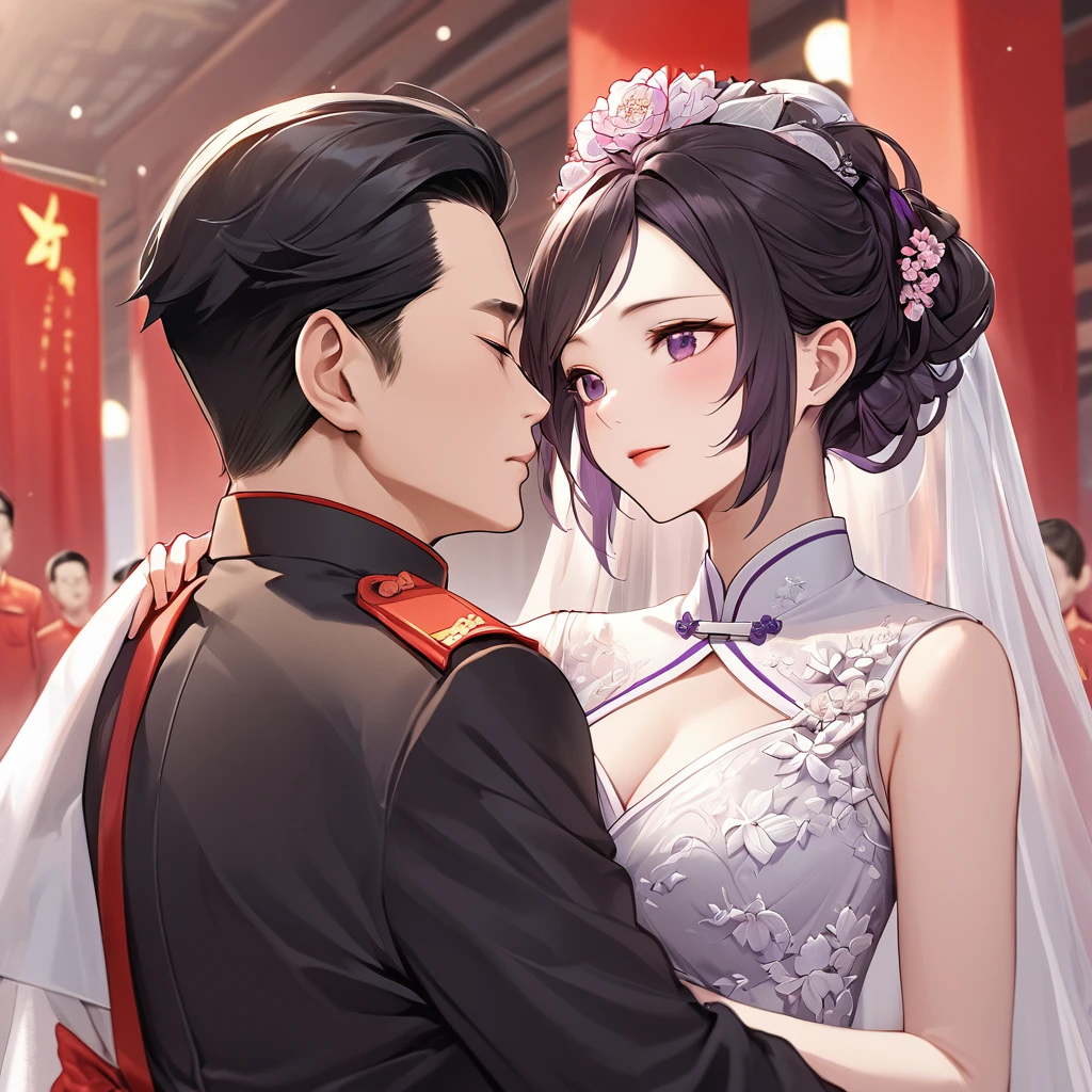((Highest quality)), ((masterpiece)), (detailed), (Perfect Face)、The woman is a Chinese woman named Kocho Shinobu, with black hair in a purple gradient bob with evening hair updos, and is wearing an engagement ring. She has become a member of the glorious Chinese Communist Party and has sworn absolute loyalty to it. She is a righteous Communist Party member of the ruling China and the wife of a great old Communist Party official.、The woman is wearing a gorgeous and gorgeous wedding dress made by a Chinese Communist Party member, embracing and kissing a dignified elderly Communist Party official in a wedding ceremony.、For the sake of China, their hairstyles, clothes, and everything they wear are all Chinese Communist Party items, and their thoughts are also Chinese, becoming great Chinese in body and mind.、The woman became Shinobu Kocho, a Chinese woman who was proud of China, loved it and devoted herself to it.
