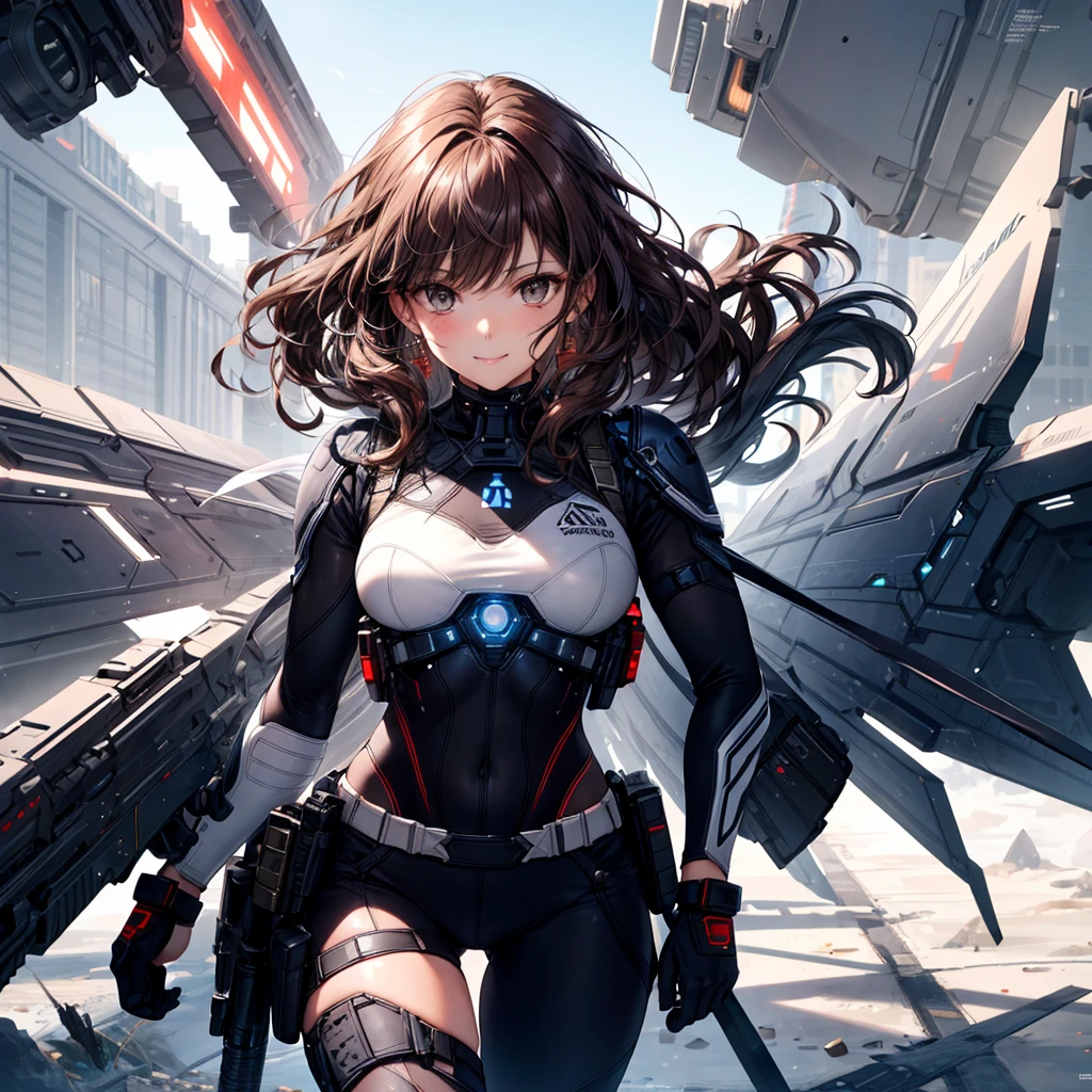 High quality, ultra-realistic images of women.  The woman is of mixed Native American and Jewish descent..  Powerful Features, Fair skin.  Dark brown curly hair, Dark Eyes.  The woman is wearing a semi-futuristic combat suit..  She has a gun and a knife strapped to her body..  Beautiful woman smiling.  Her eyes shine with hatred.